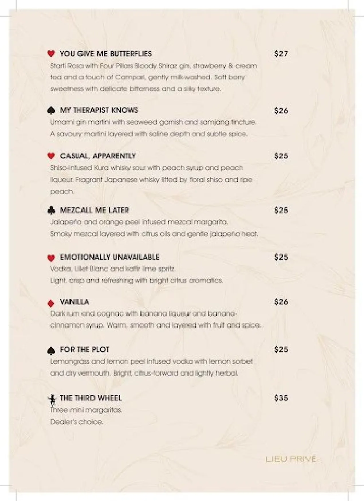 Lieu Privé Cocktail Bar menu, page 2