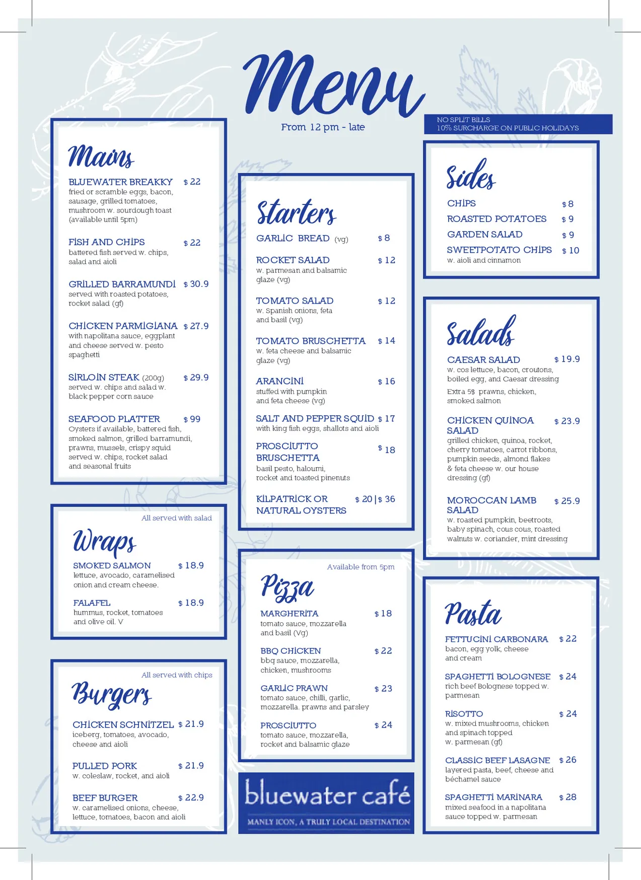 Bluewater Cafe menu, page 1
