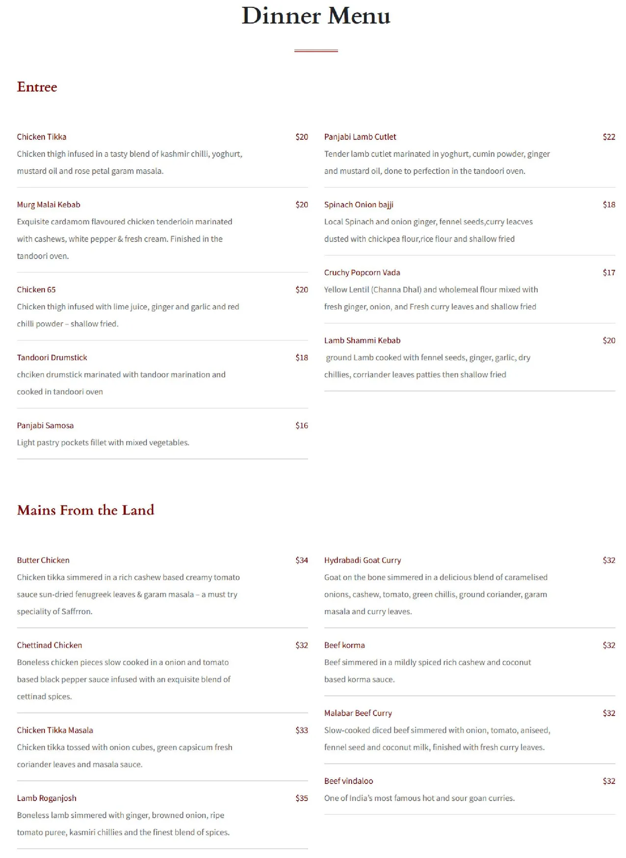 Saffrron Restaurant menu, page 1