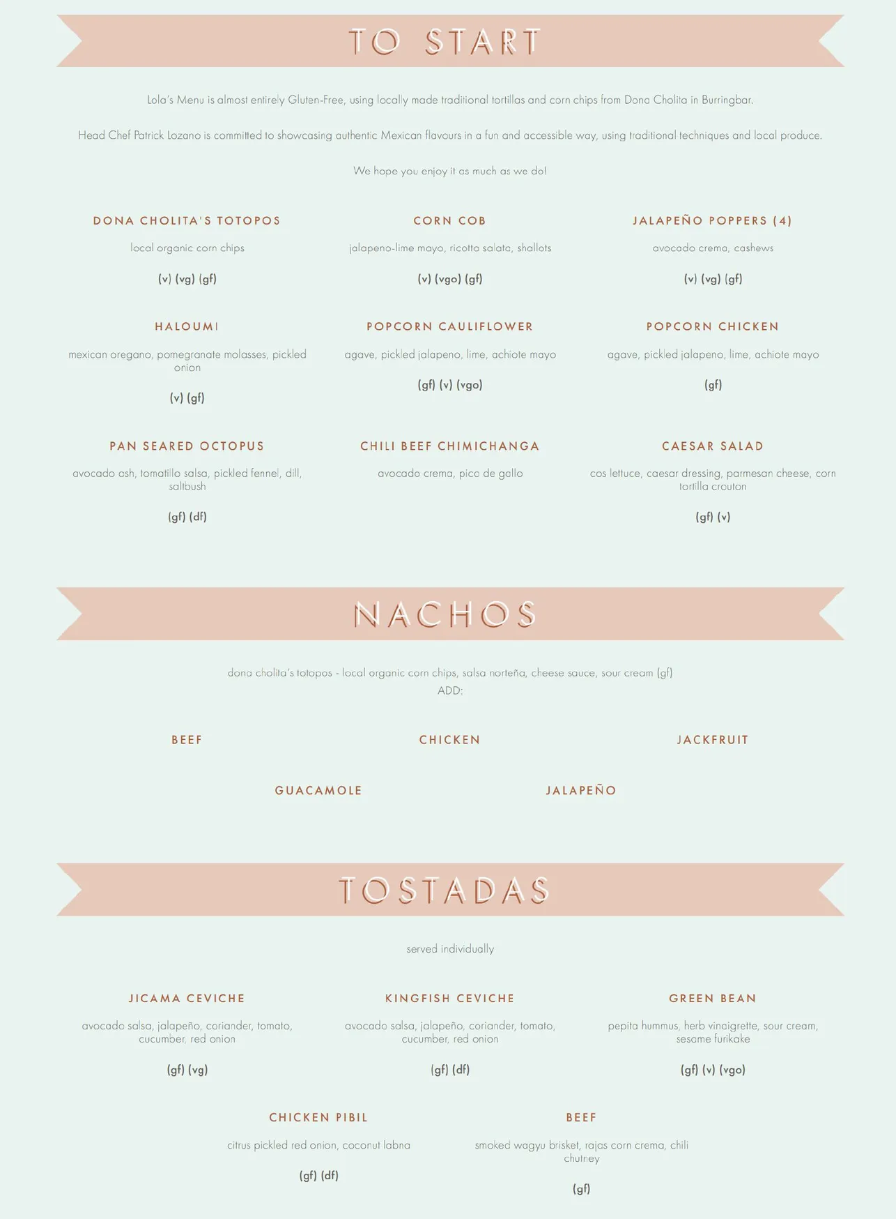 Lola's Mexican menu, page 1