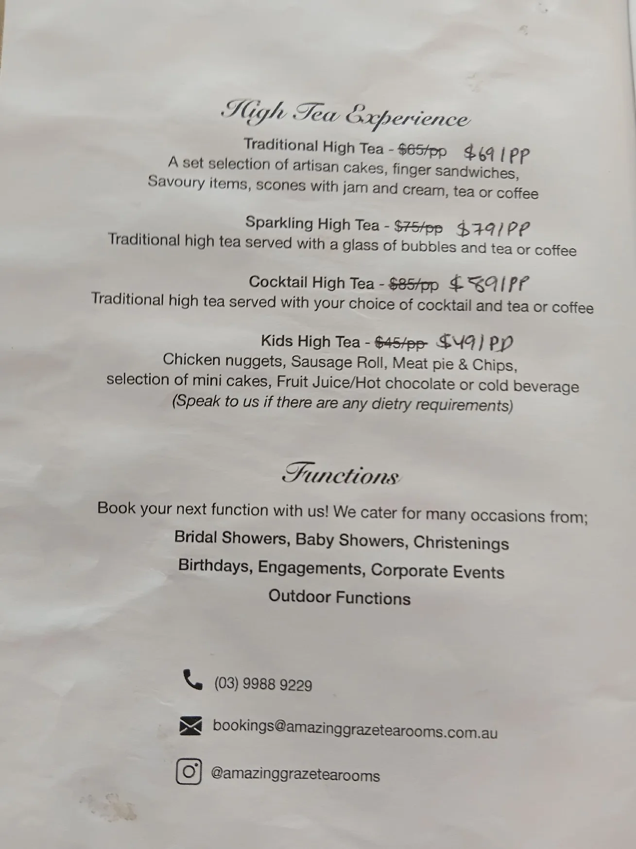 Amazing Graze Tea Rooms menu, page 1