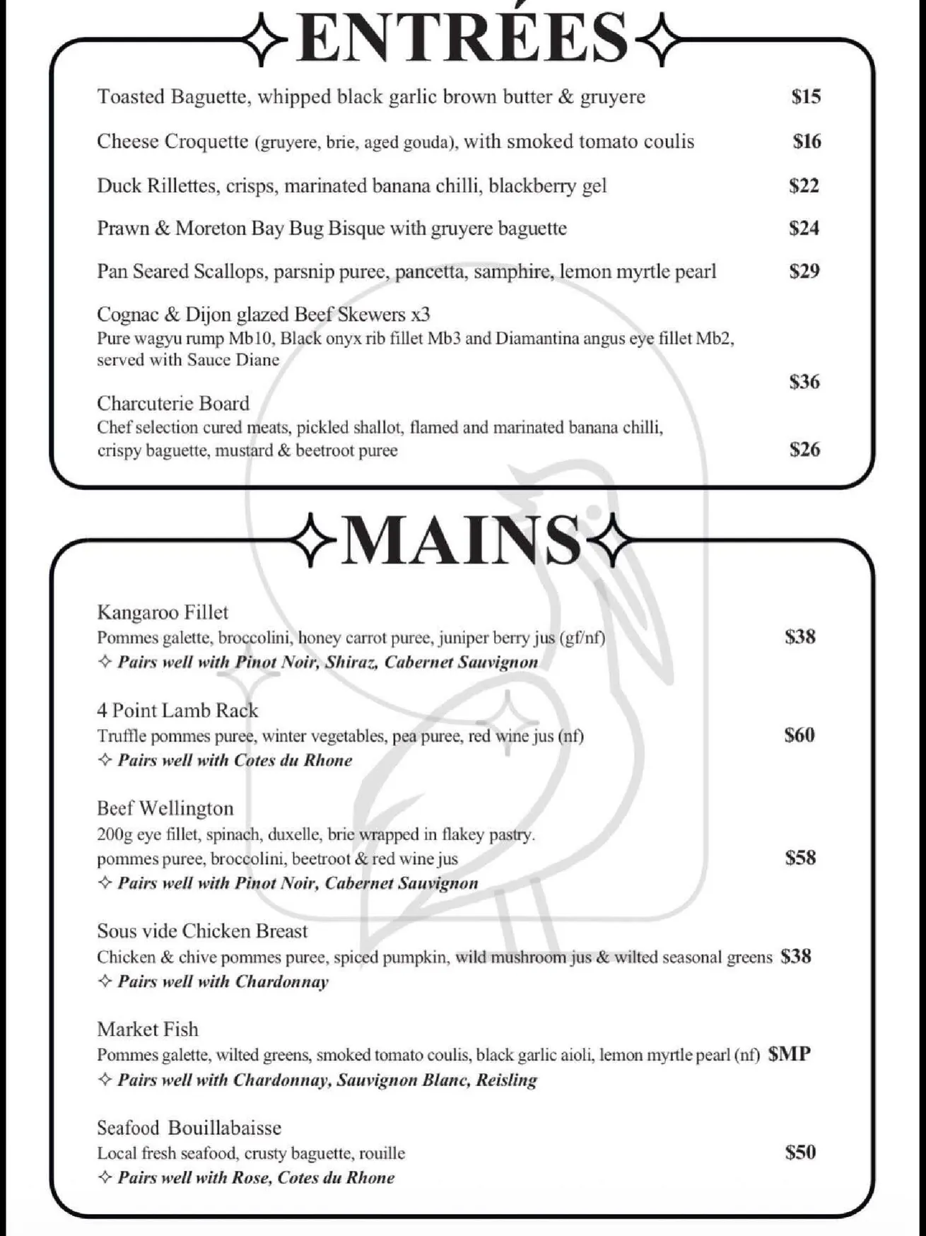 Pickled Pelican menu, page 1