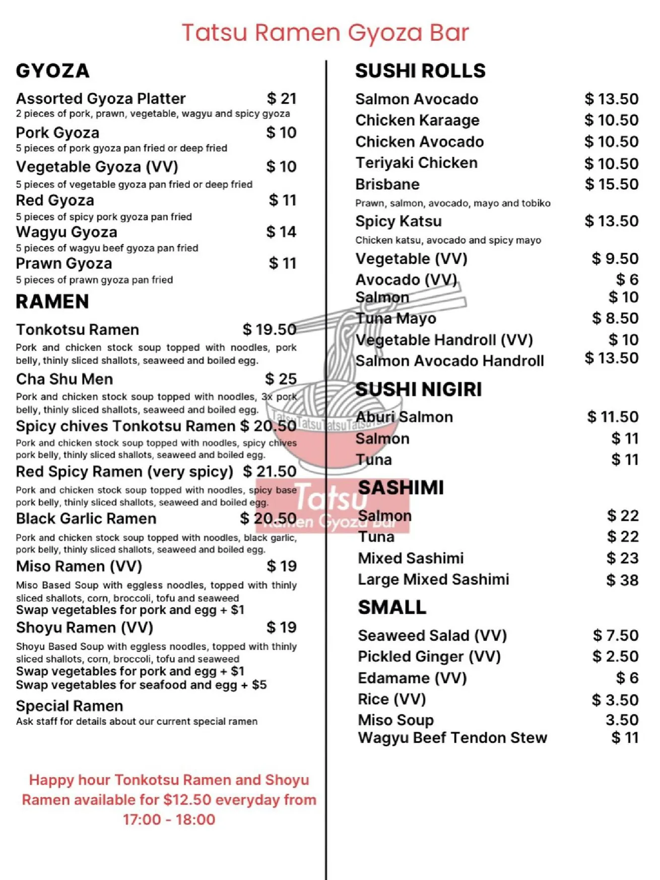 Tatsu Ramen Gyoza Bar menu, page 1