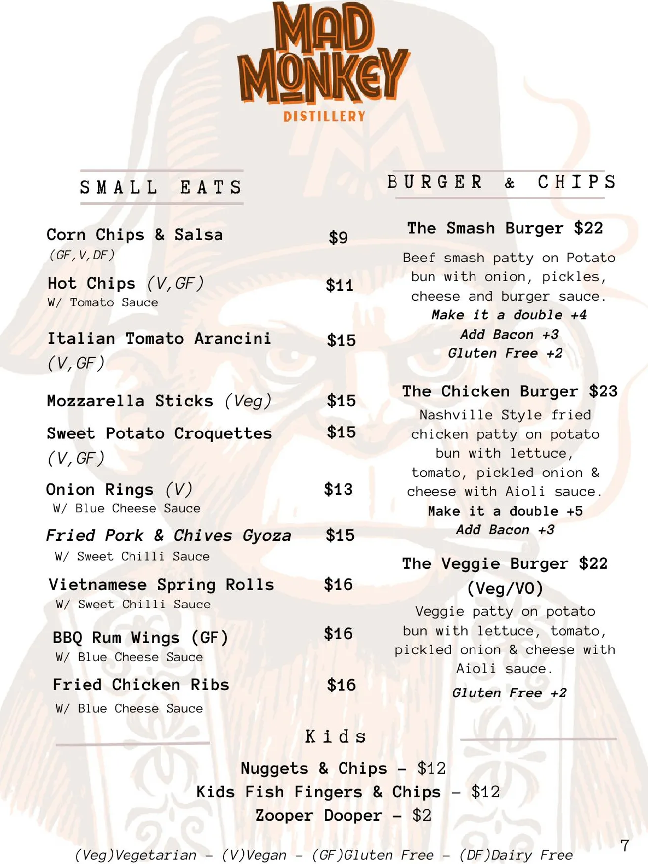 Mad Monkey Distillery menu, page 9