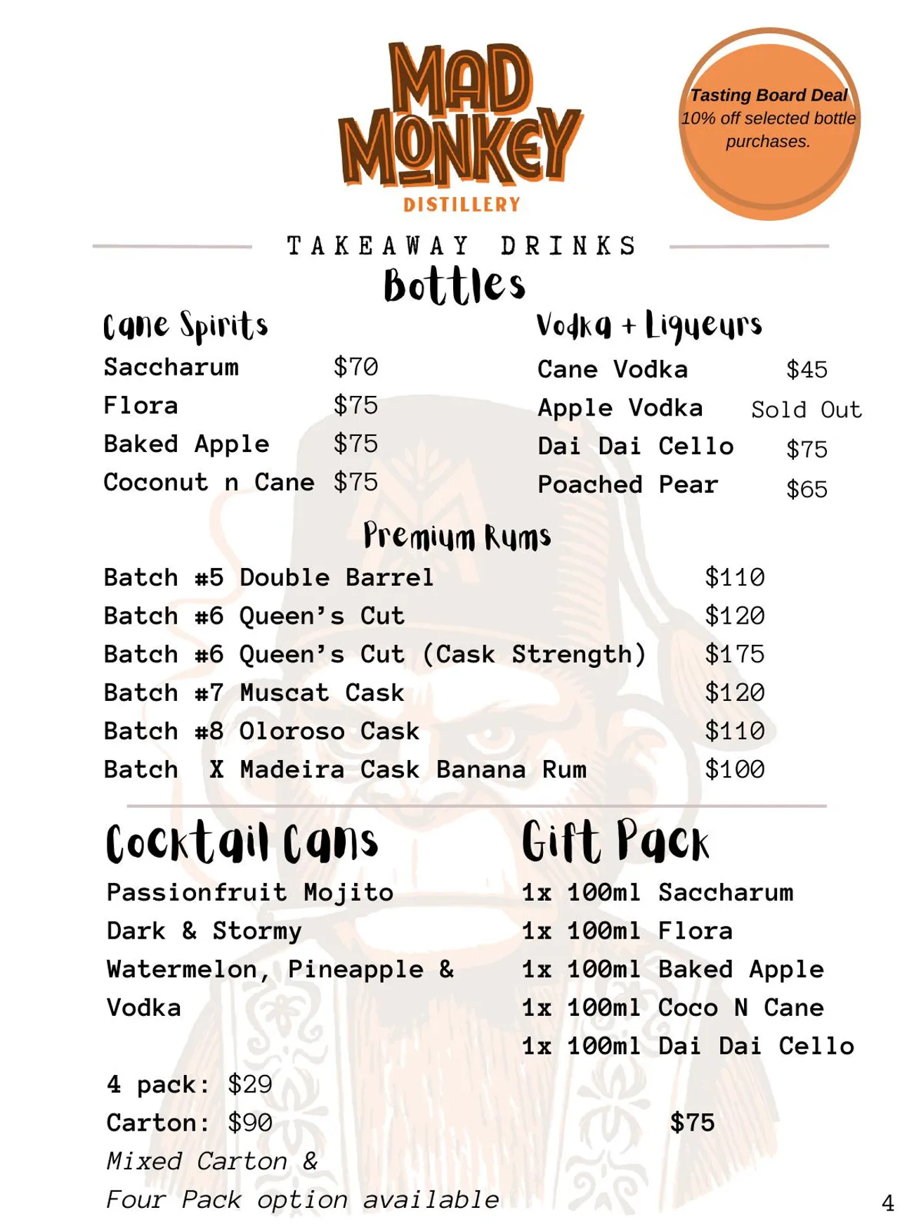 Mad Monkey Distillery menu, page 6