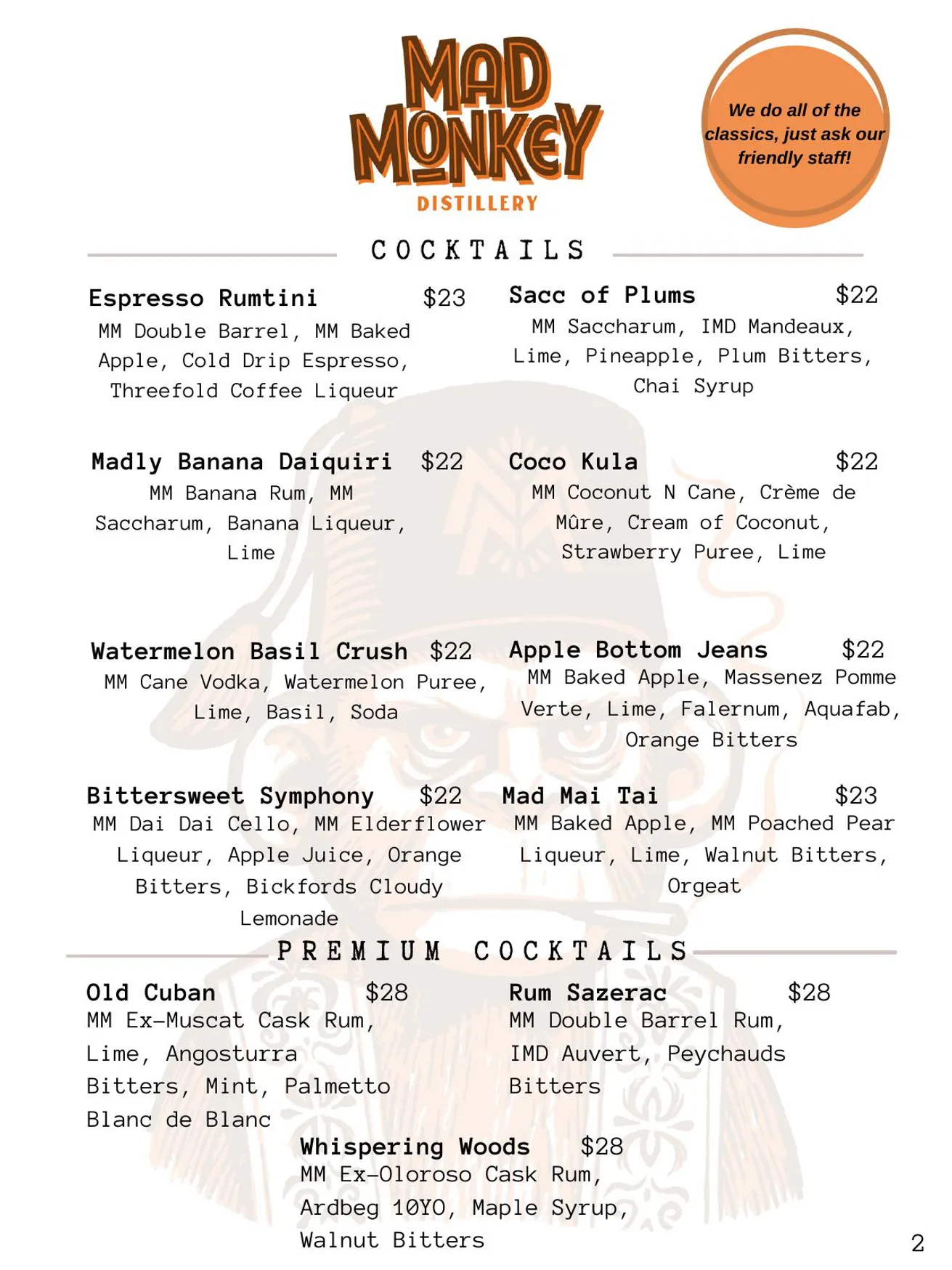 Mad Monkey Distillery menu, page 4