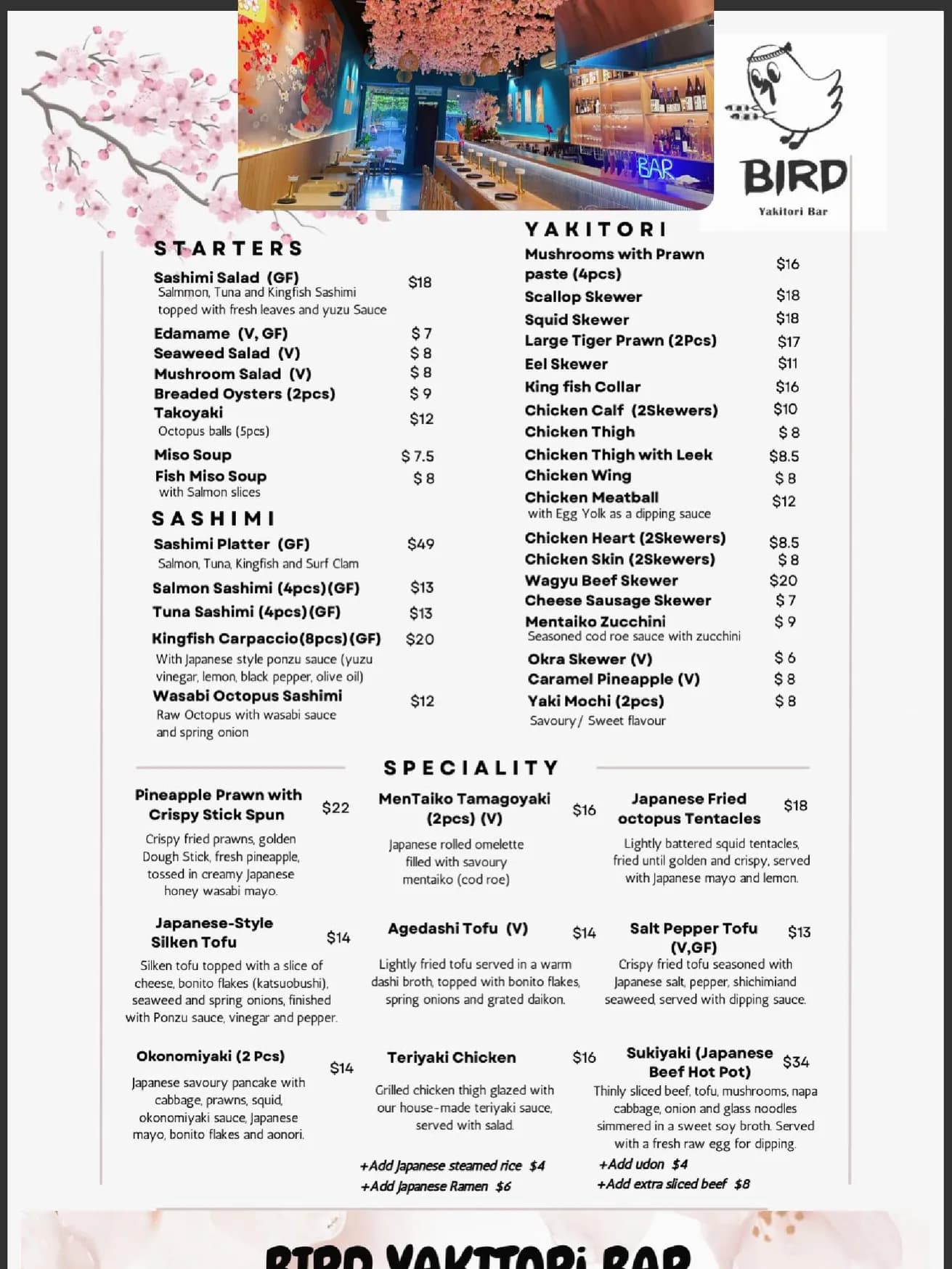 Bird Yakitori Bar menu, page 1