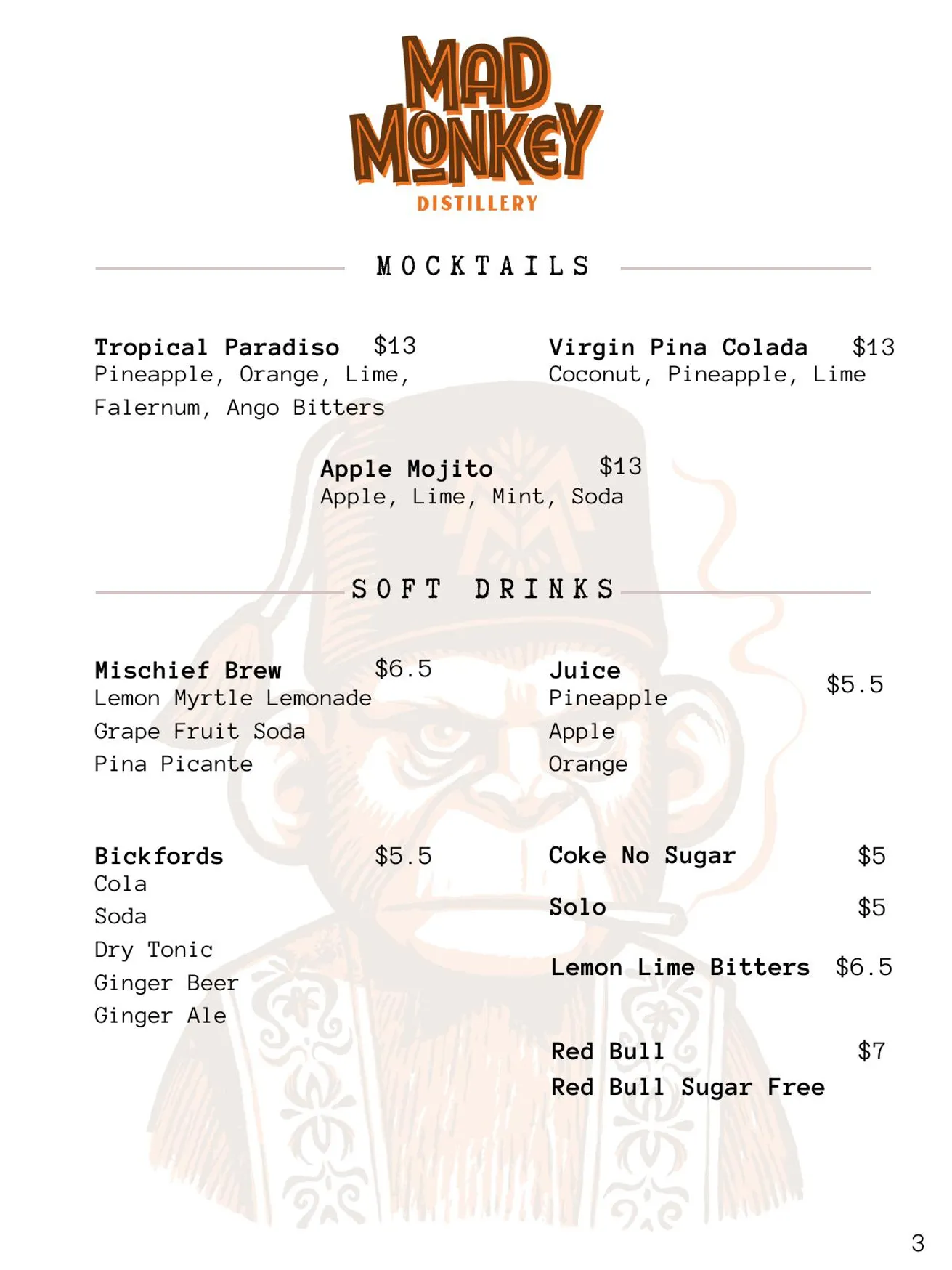 Mad Monkey Distillery menu, page 5