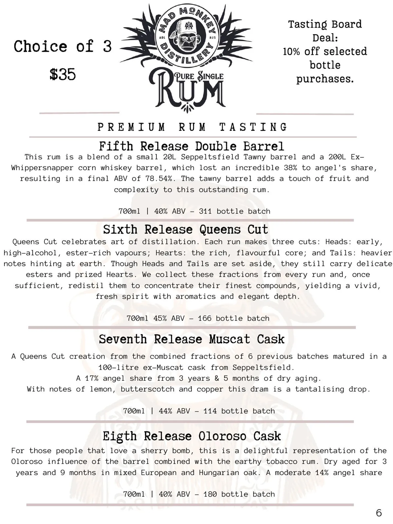 Mad Monkey Distillery menu, page 8