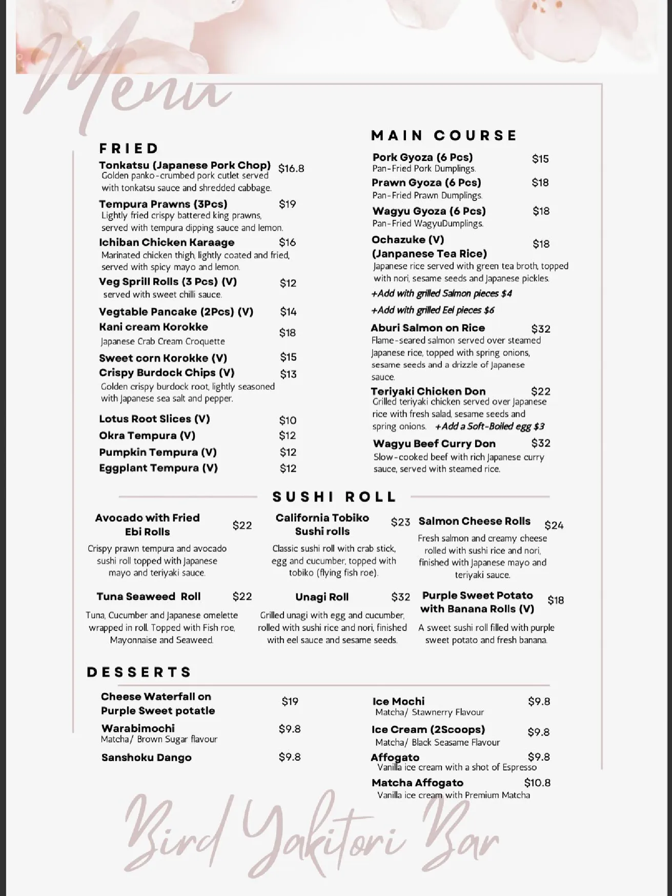 Bird Yakitori Bar menu, page 2