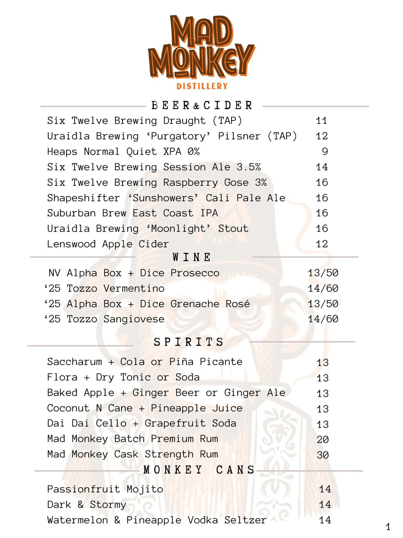 Mad Monkey Distillery menu, page 3