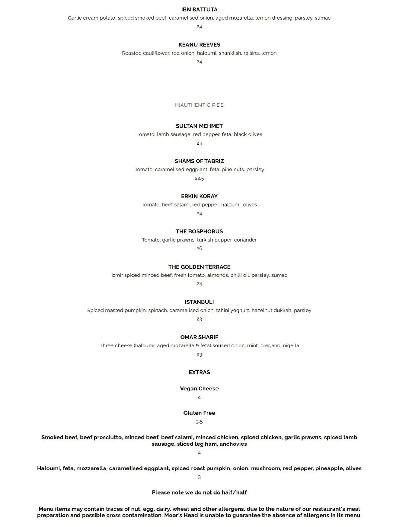 Moor's Head menu, page 3