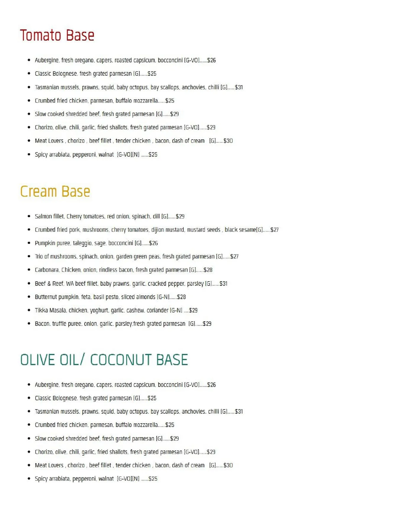 Solo Pasta menu, page 2