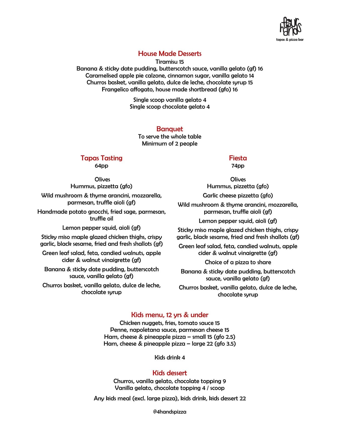 Four Hands Tapas and Pizza menu, page 6