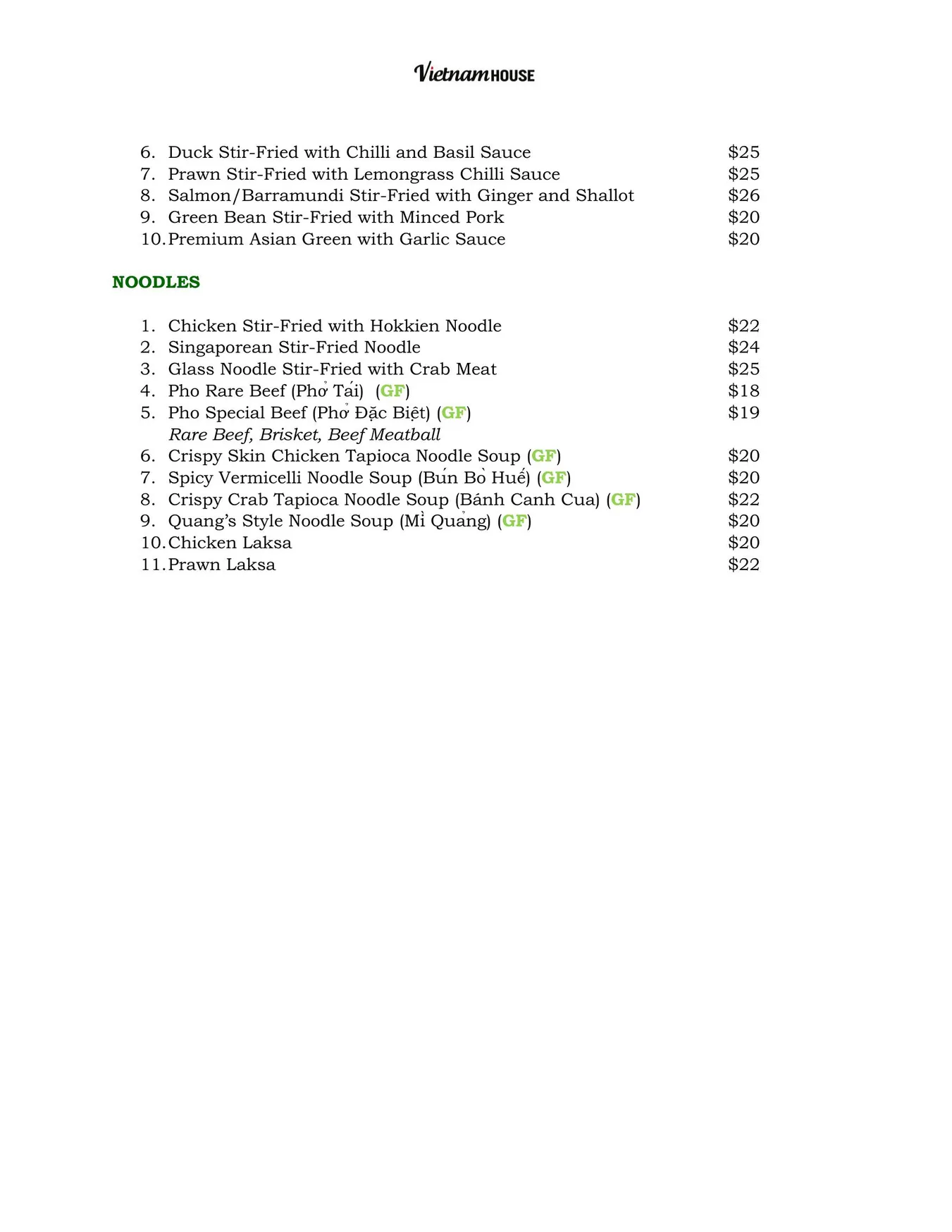 Vietnam House menu, page 3