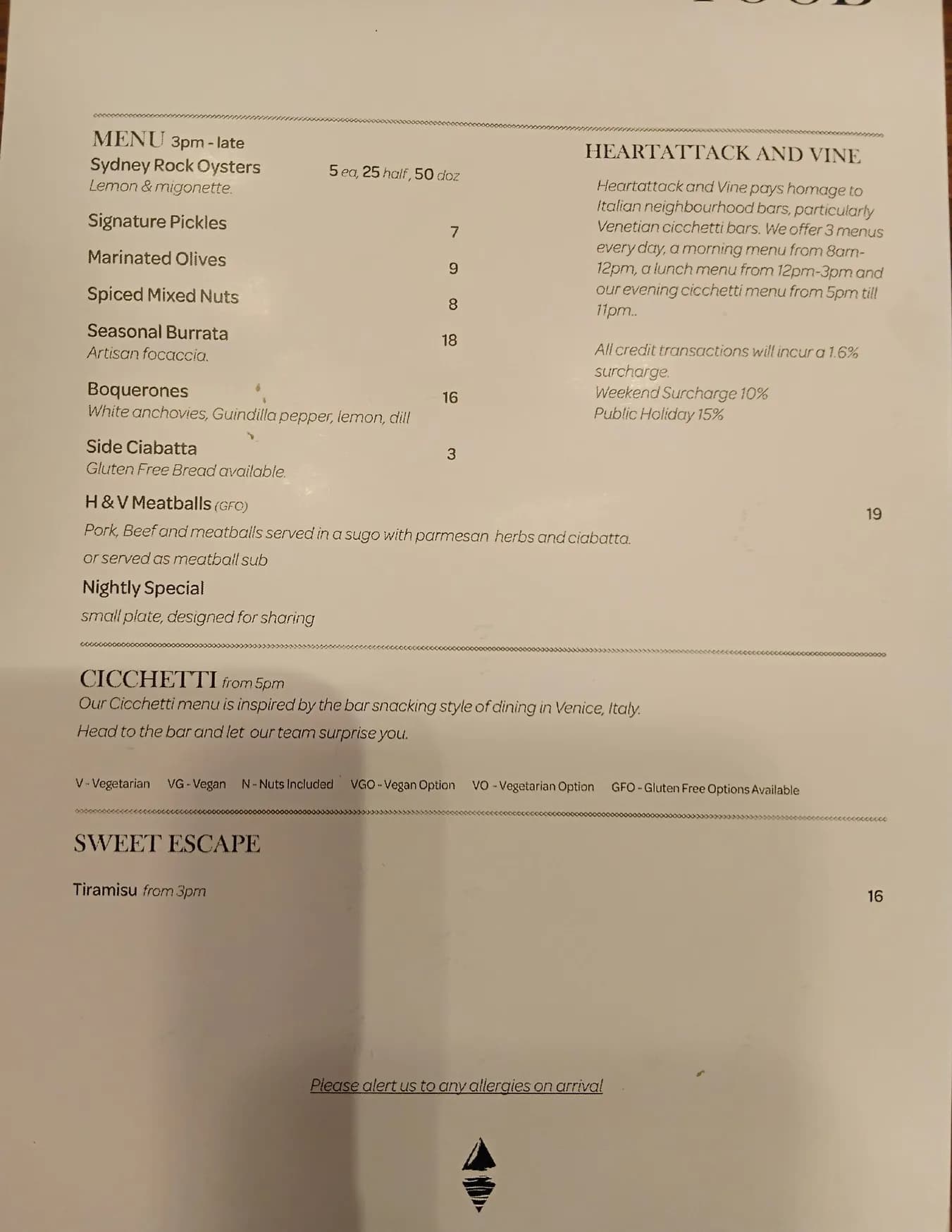 Heartattack & Vine menu, page 1