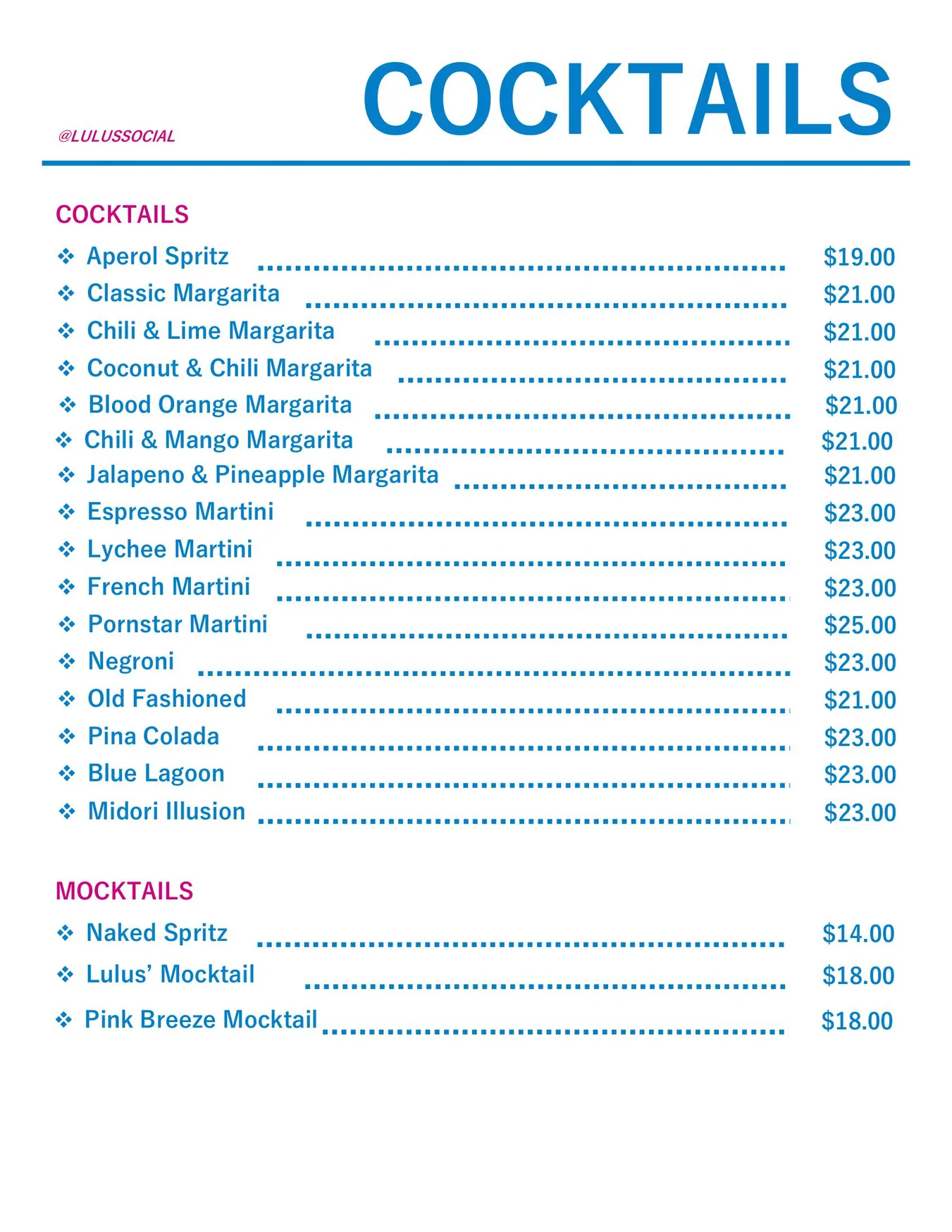 Lulu's Social menu, page 2