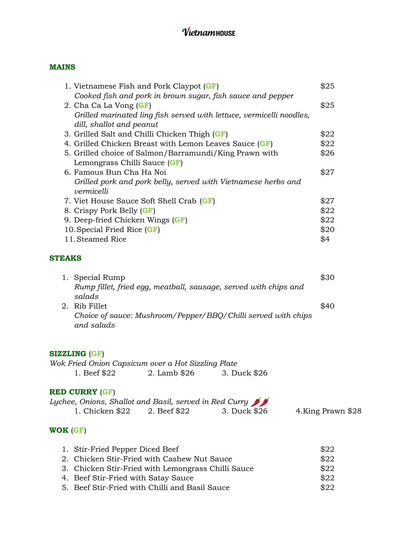 Vietnam House menu, page 2