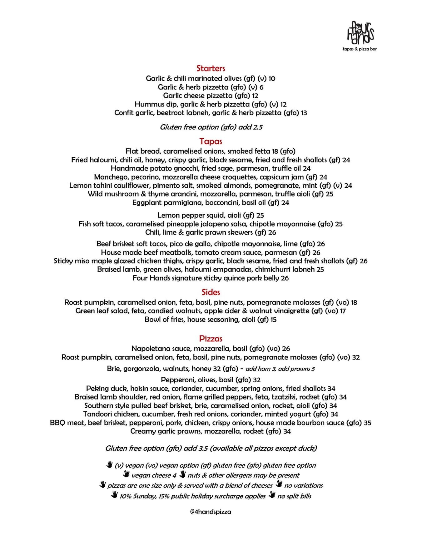 Four Hands Tapas and Pizza menu, page 3