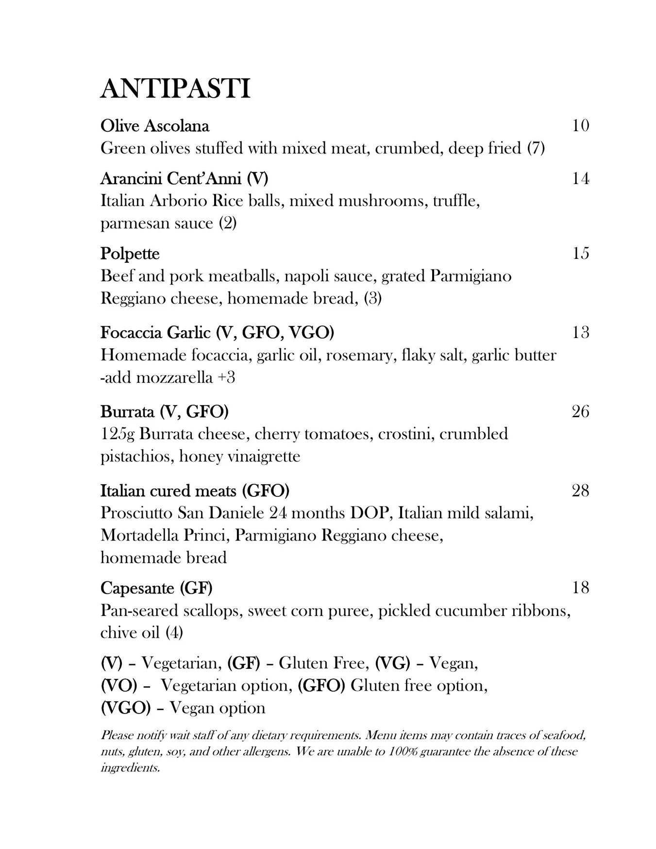 Cent' Anni menu, page 2