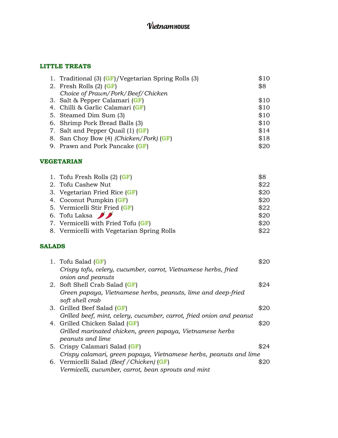 Vietnam House menu, page 1