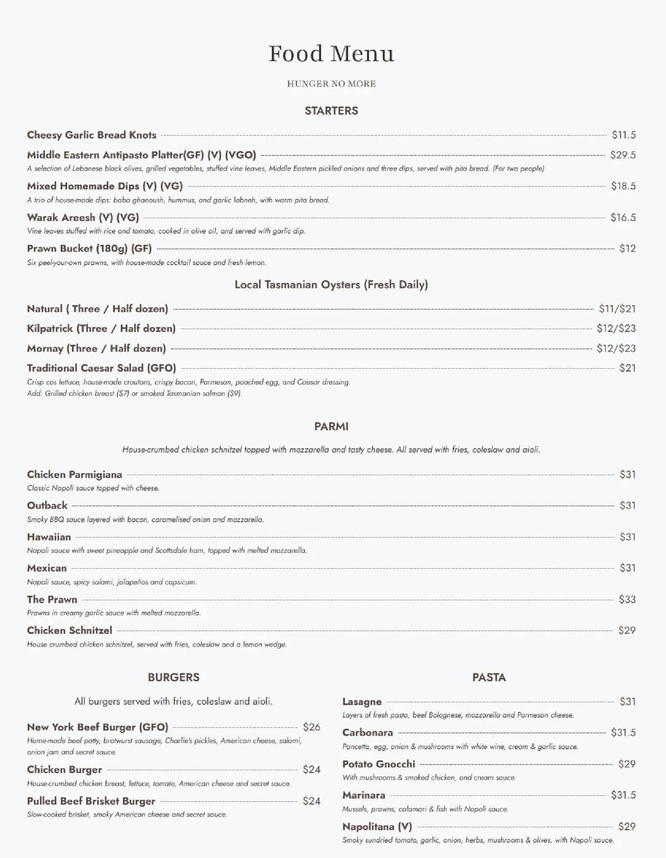 Wooden Horse Bar and Pizza menu, page 1