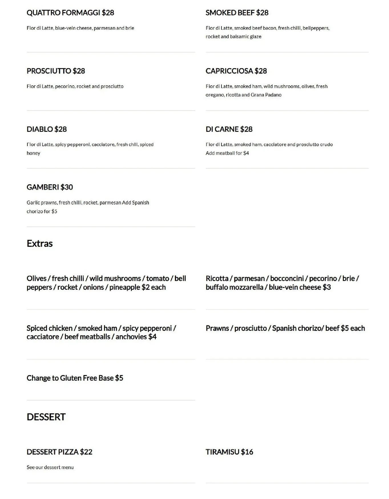 450° Pizza menu, page 2