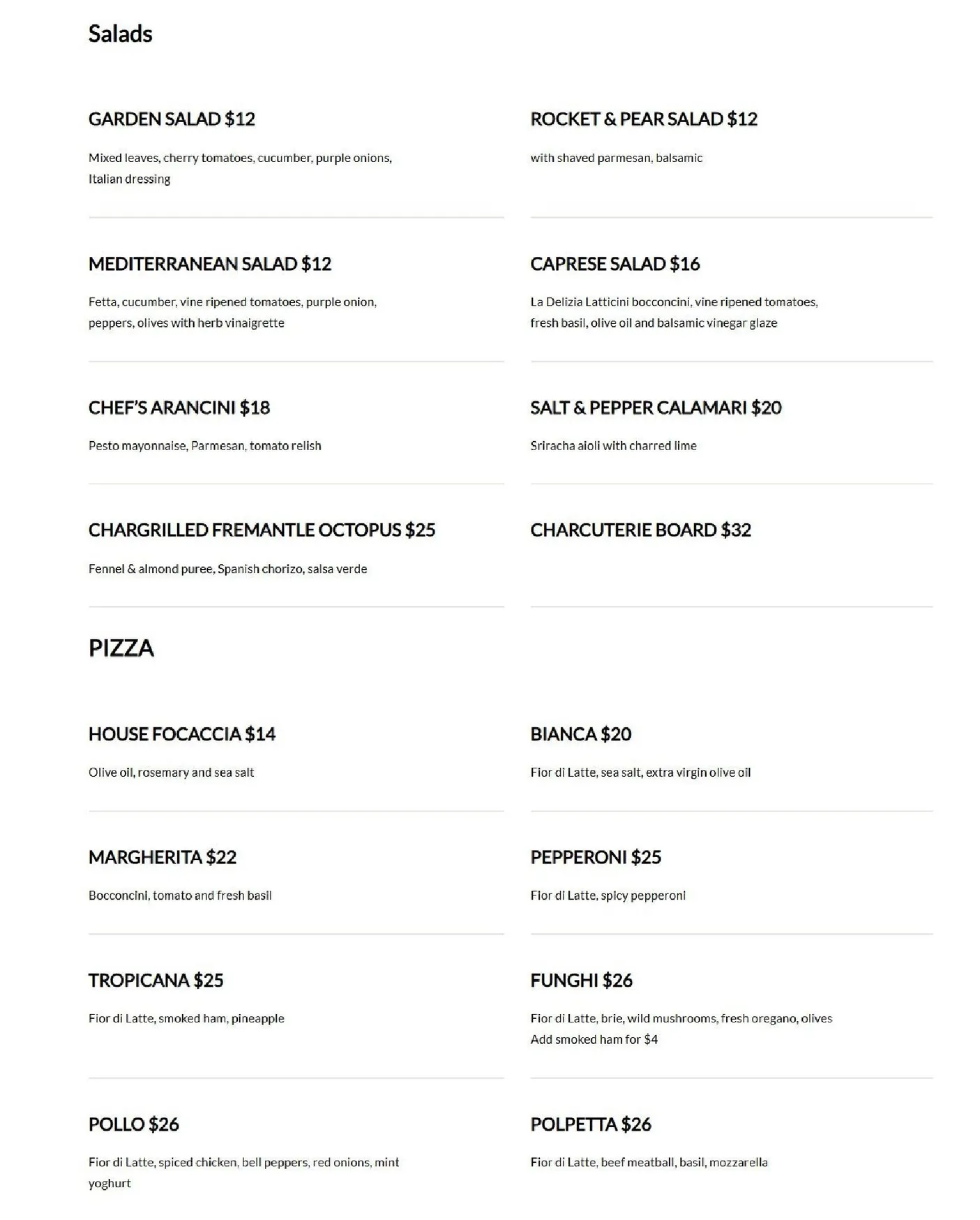 450° Pizza menu, page 1