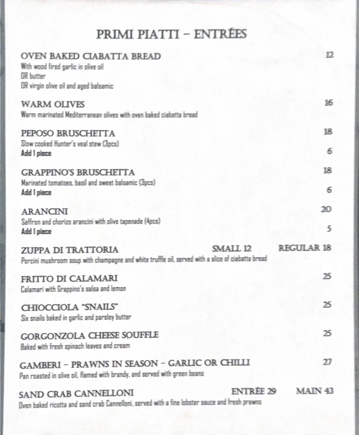 Grappino Trattoria menu, page 1