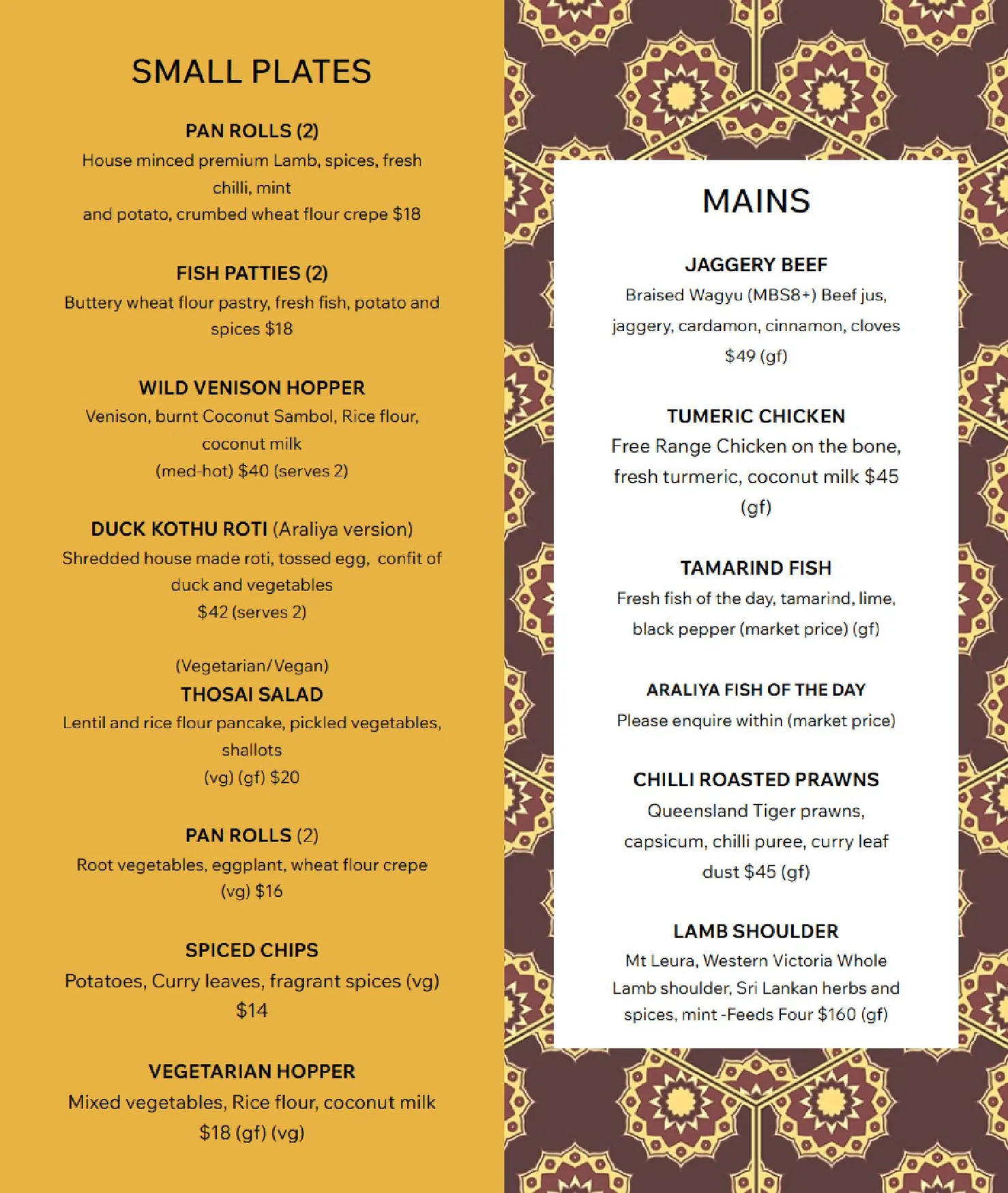 ARALIYA menu, page 3