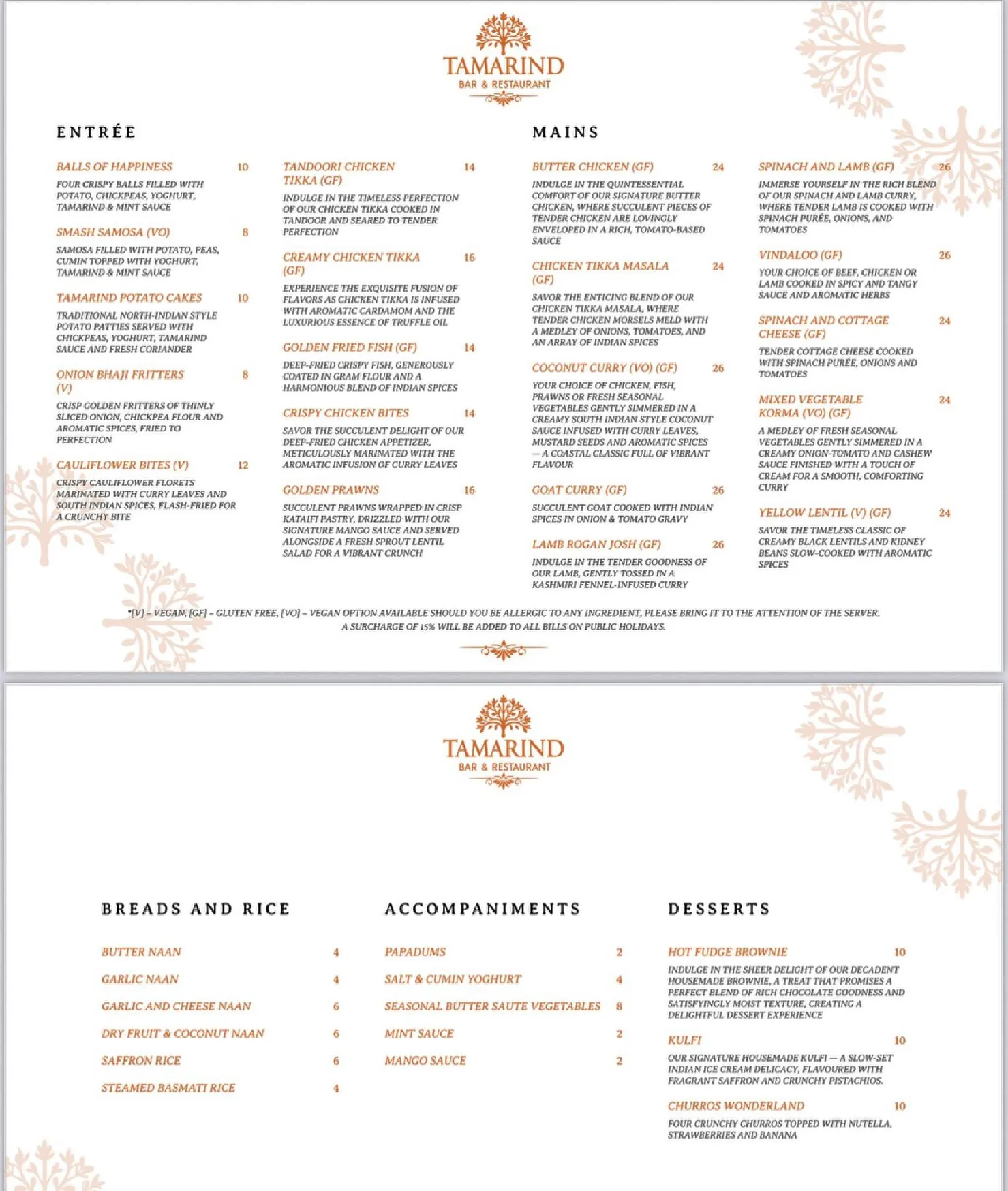 Tamarind Bar & Restaurant menu, page 1