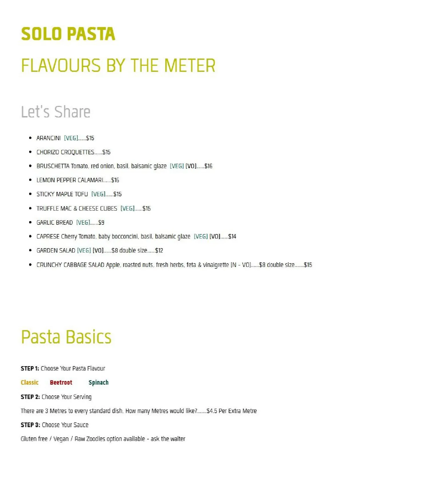 Solo Pasta menu, page 1