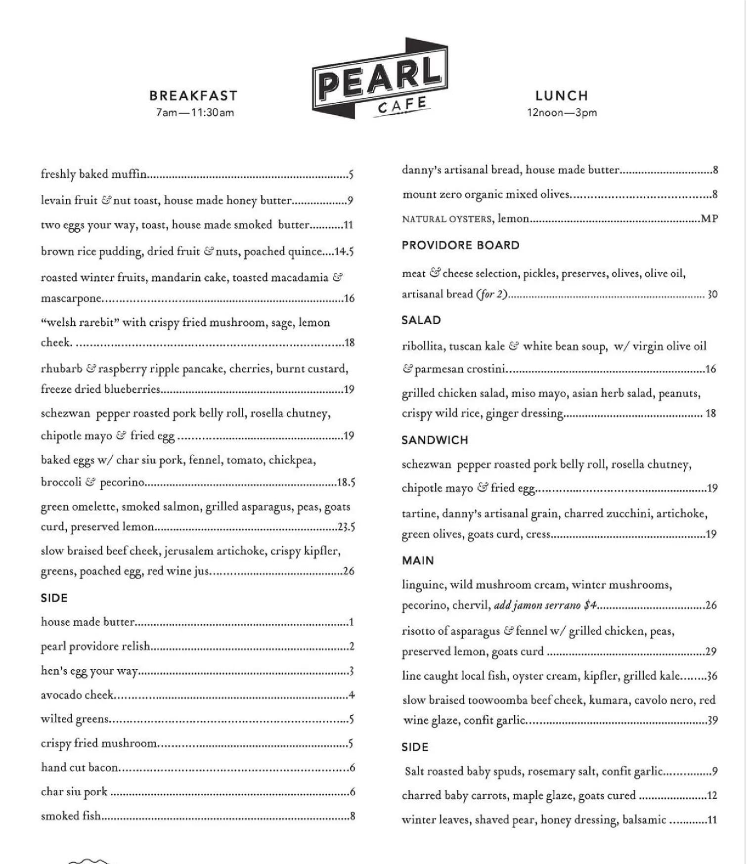 Pearl Cafe  menu, page 1