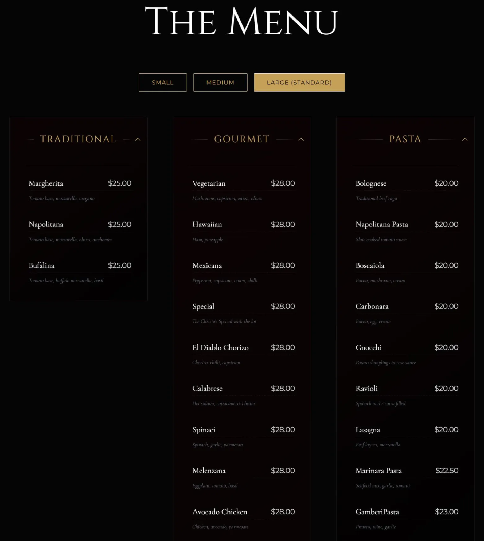 Christo's menu, page 1