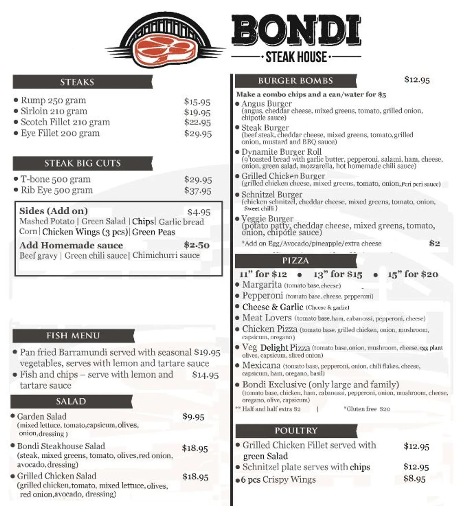 Bondi Steakhouse menu, page 1