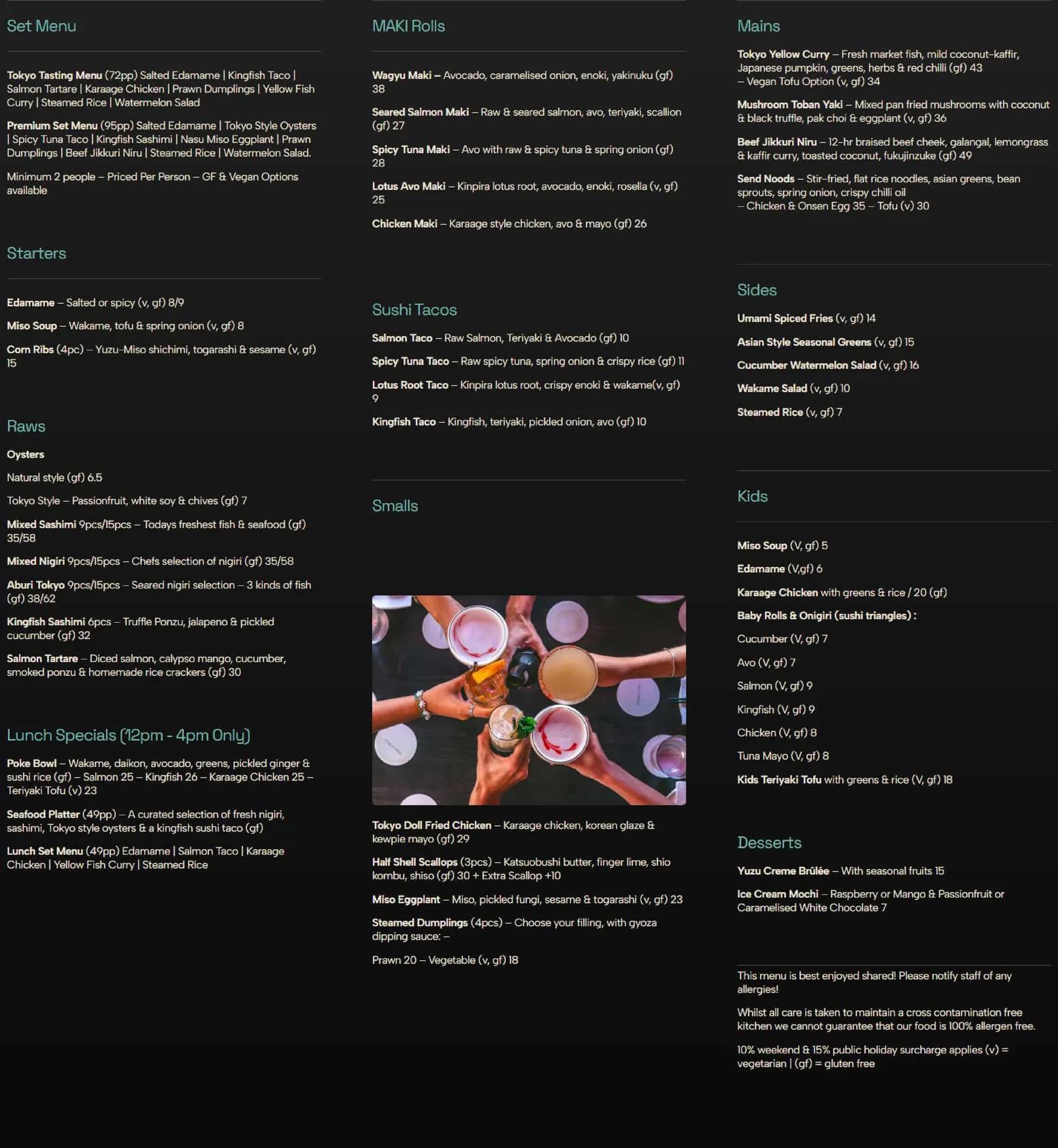 Tokyo Doll menu, page 1