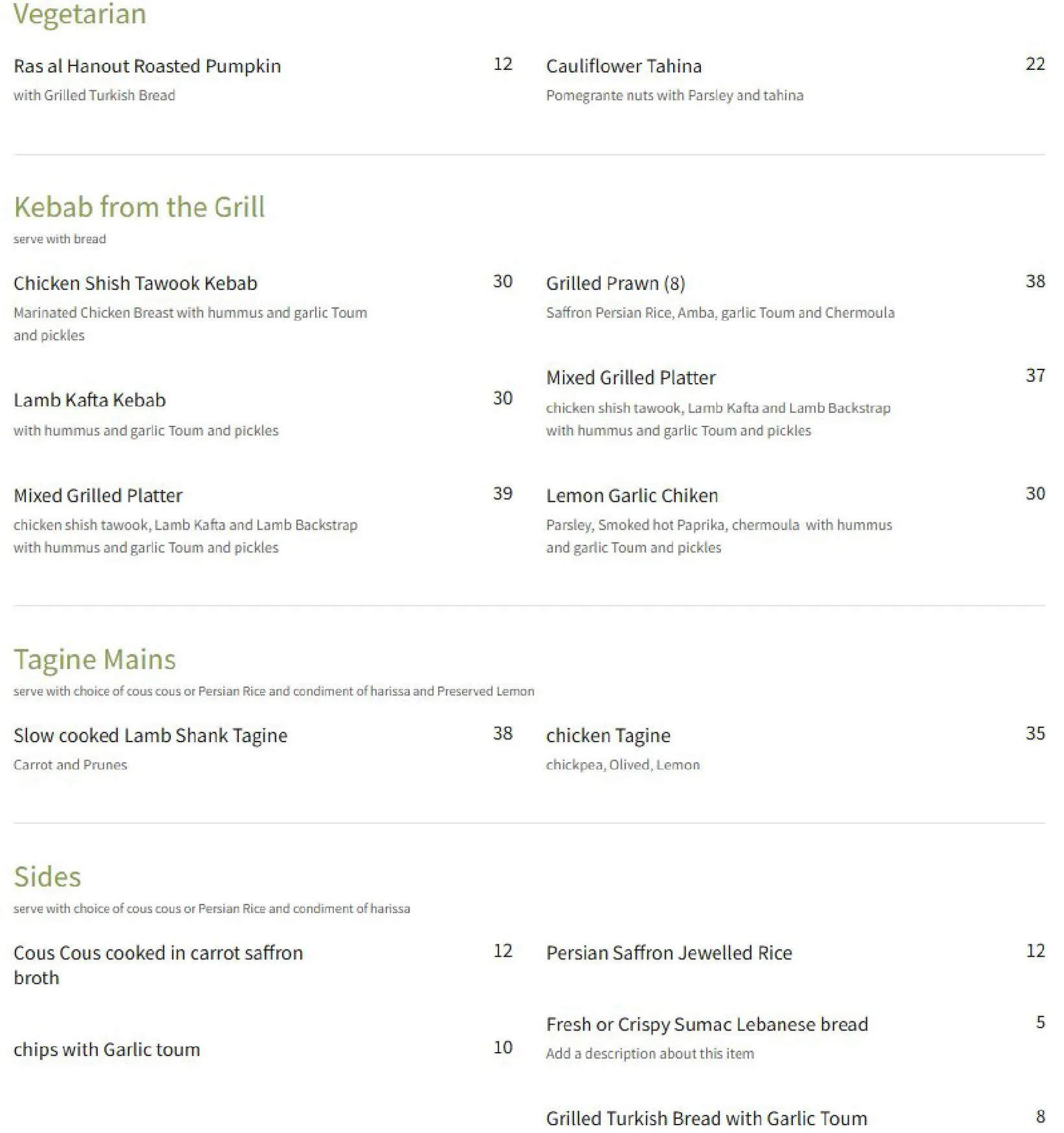 WaFire Grill menu, page 2