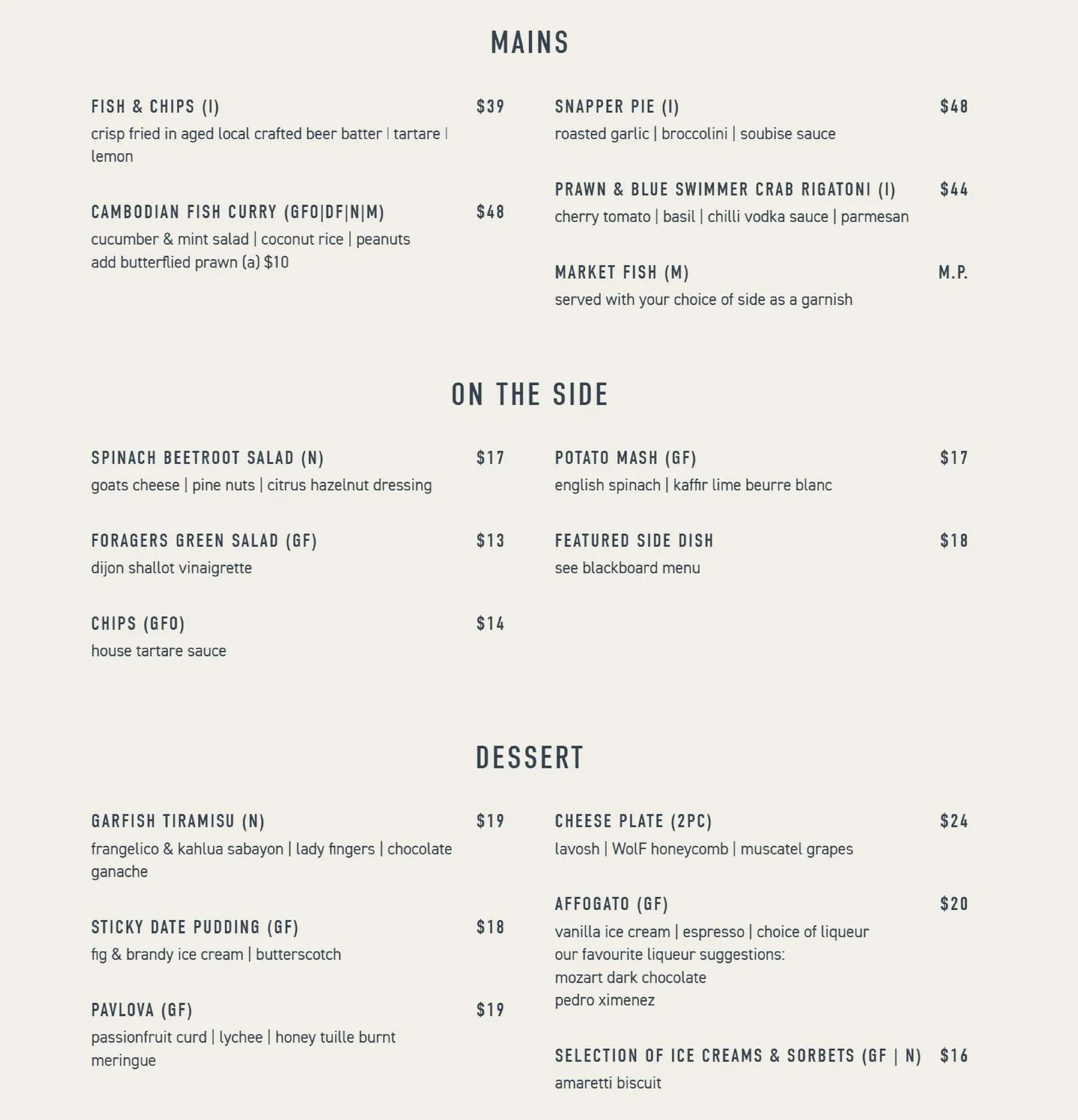 Garfish menu, page 2