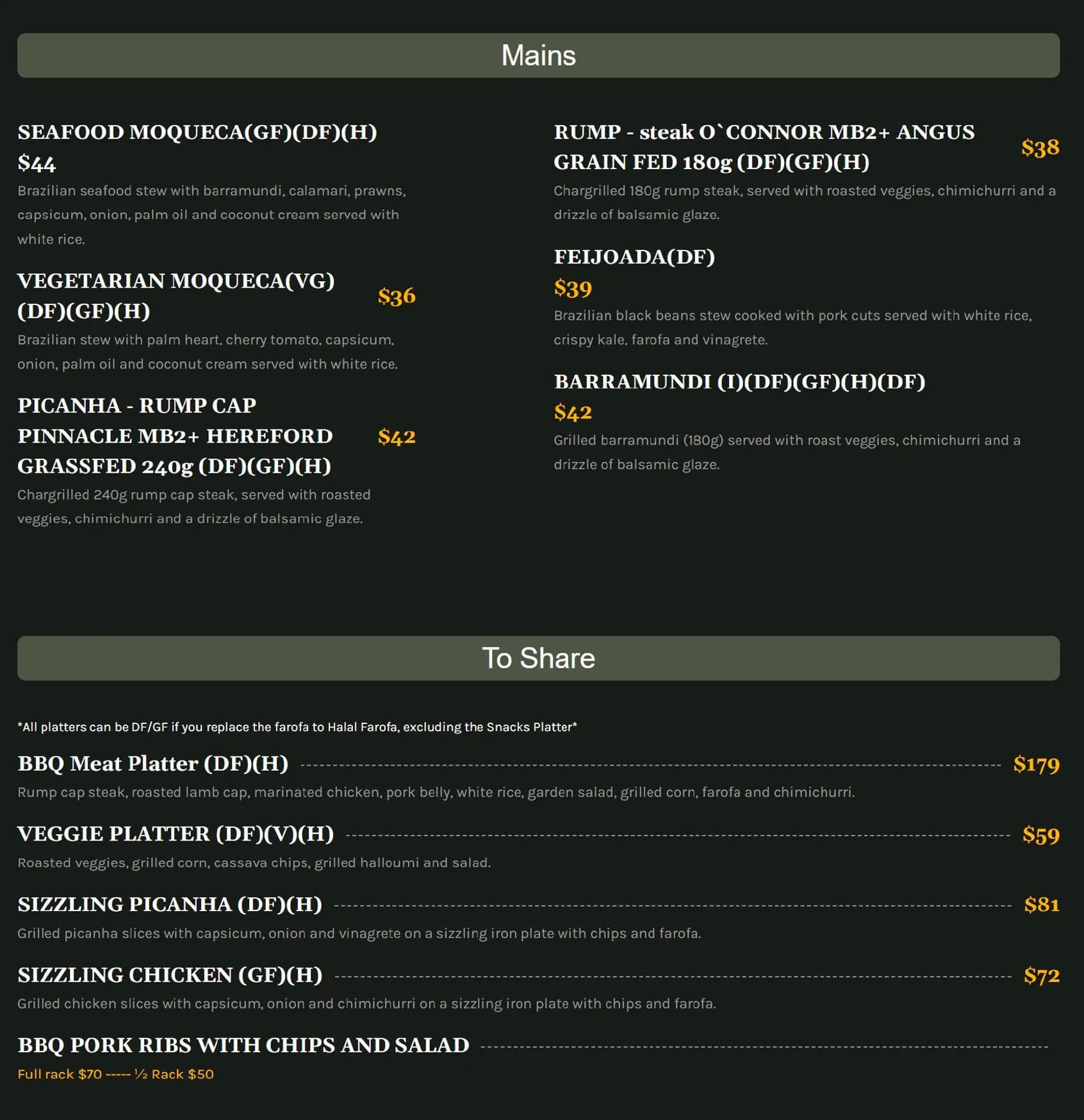 Brazico Restaurant menu, page 1