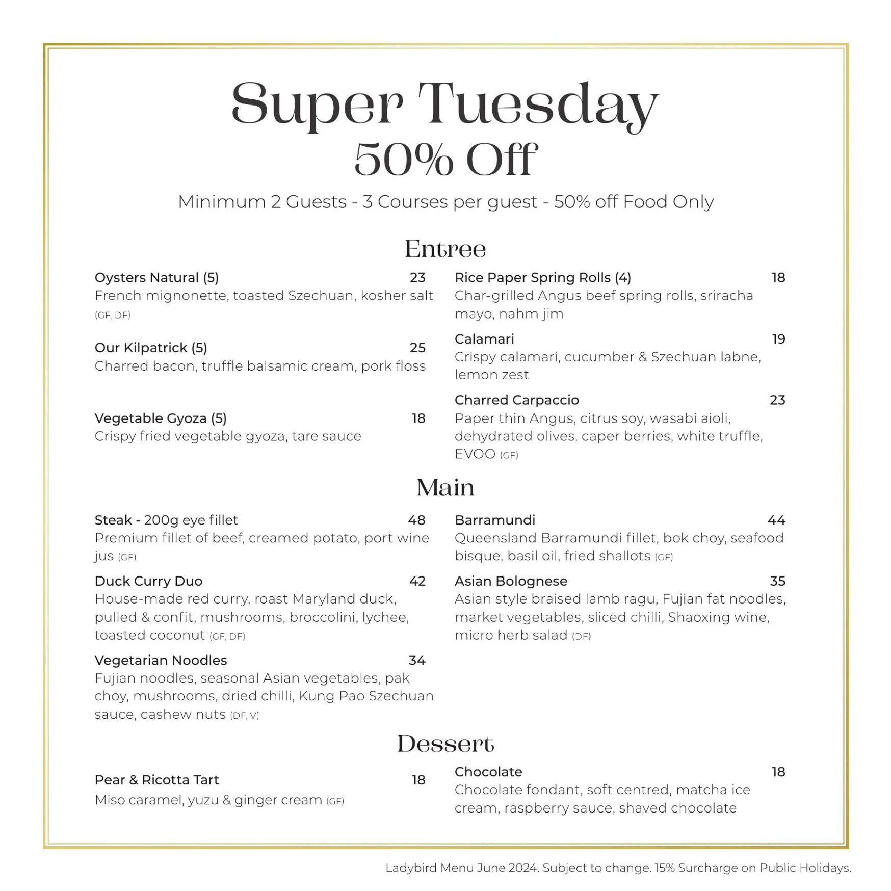 Ladybird Restaurant & Bar menu, page 1