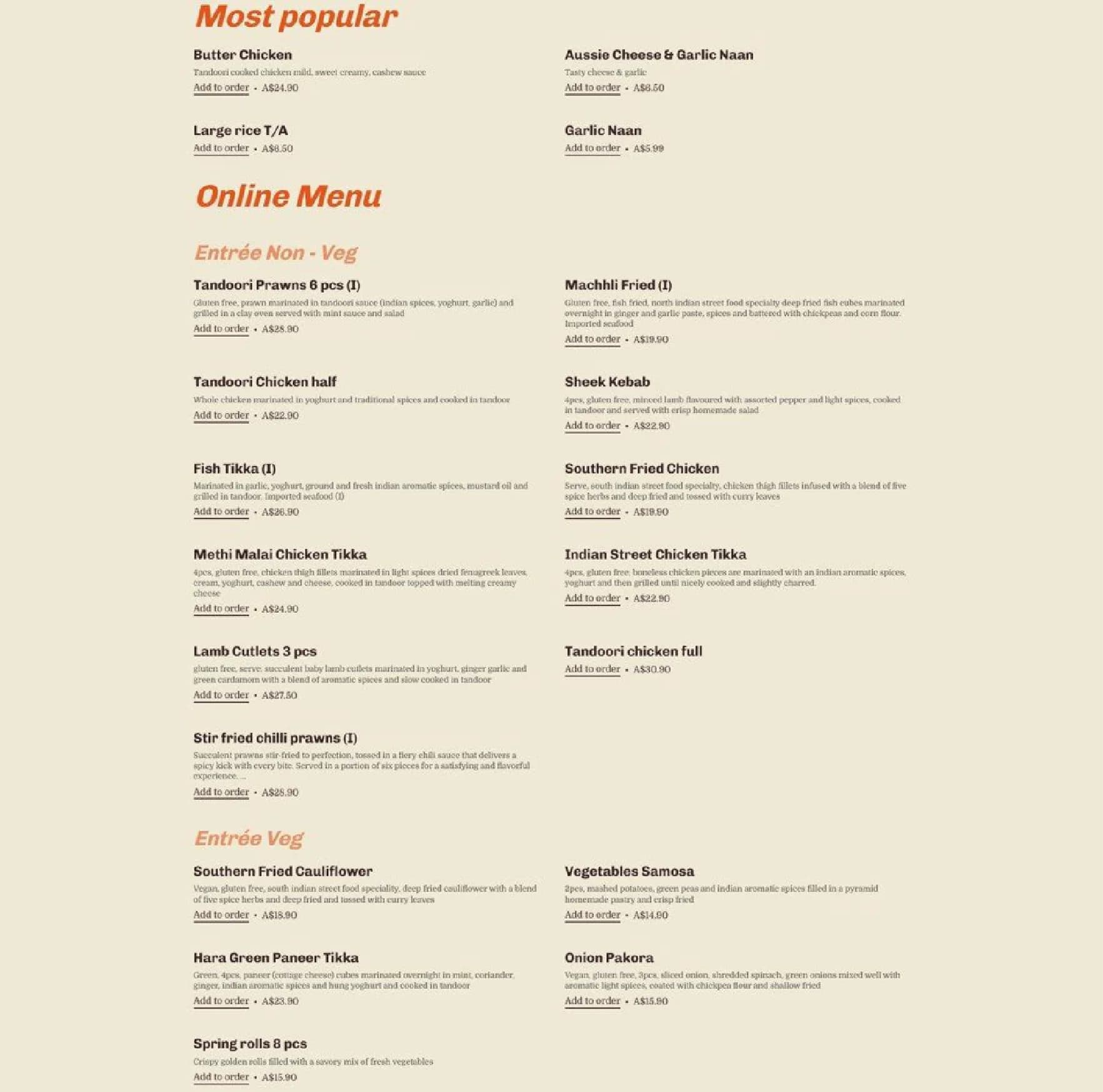 The Indian Street Restaurant menu, page 1