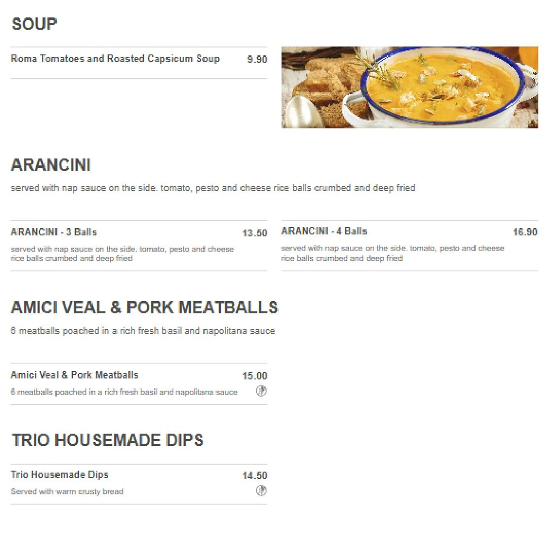 Amici Restaurant menu, page 1