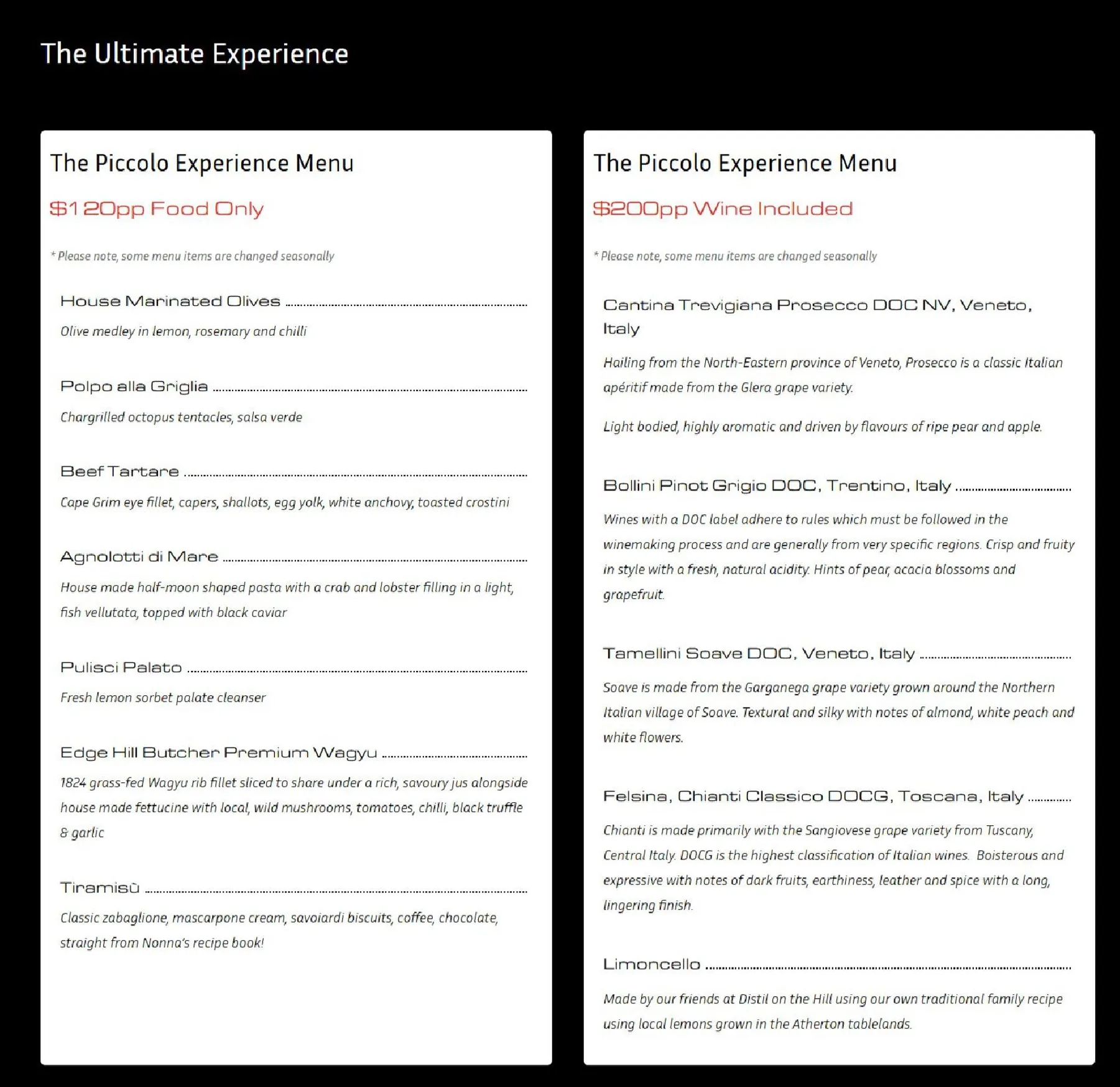 Piccolo Cucina menu, page 8