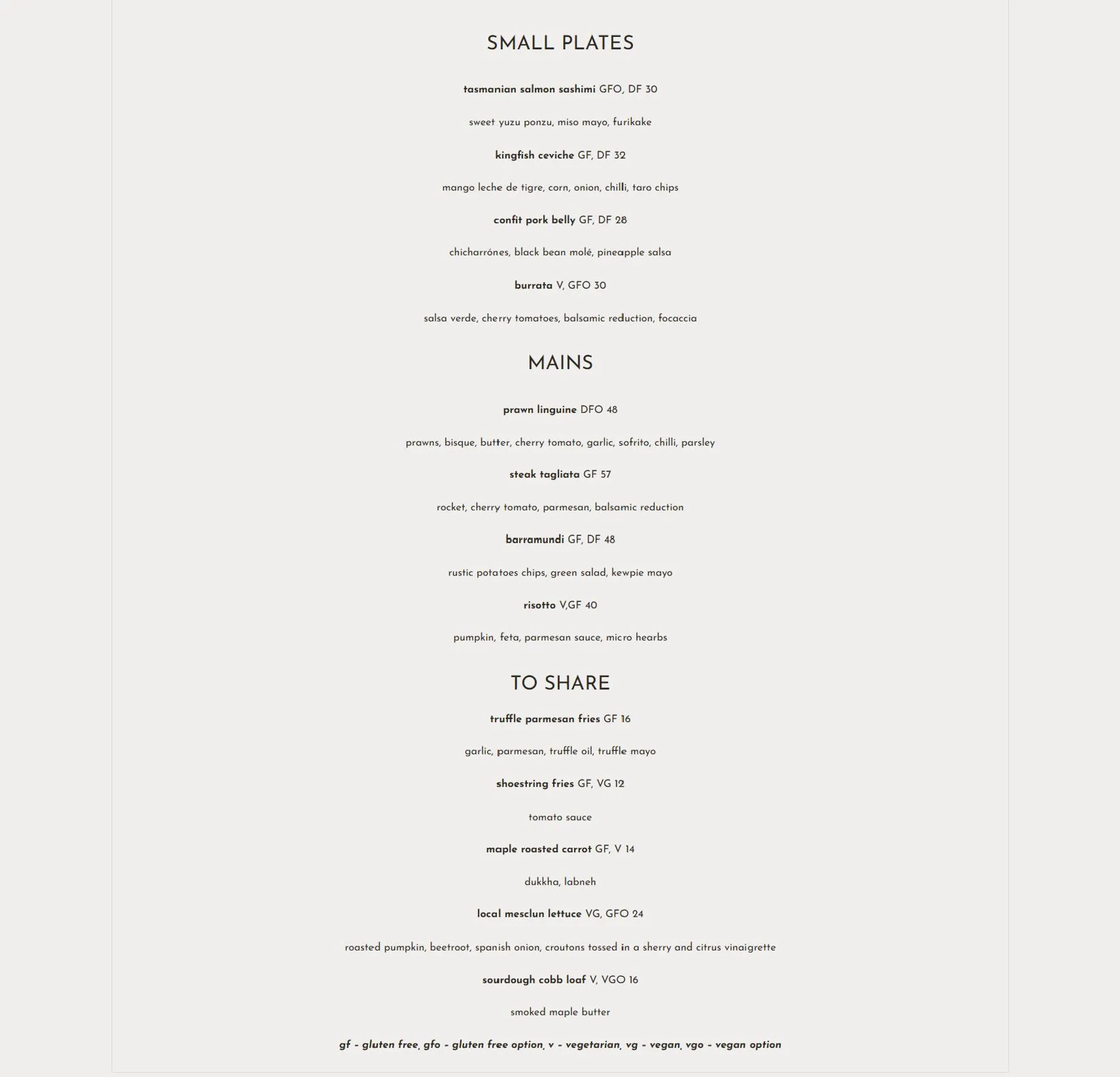 Zinc Port Douglas menu, page 1