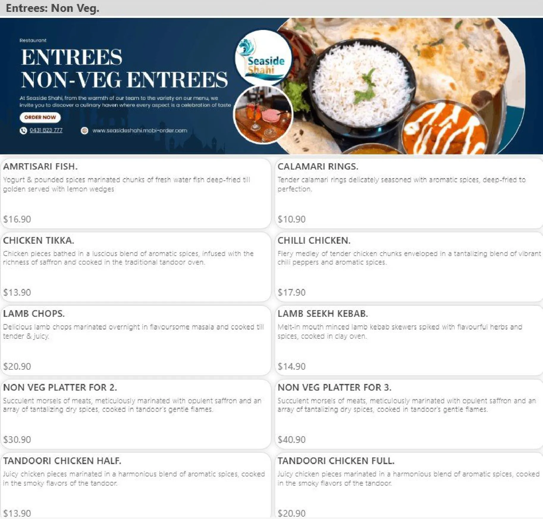 Seaside Shahi Indian Restaurant menu, page 2