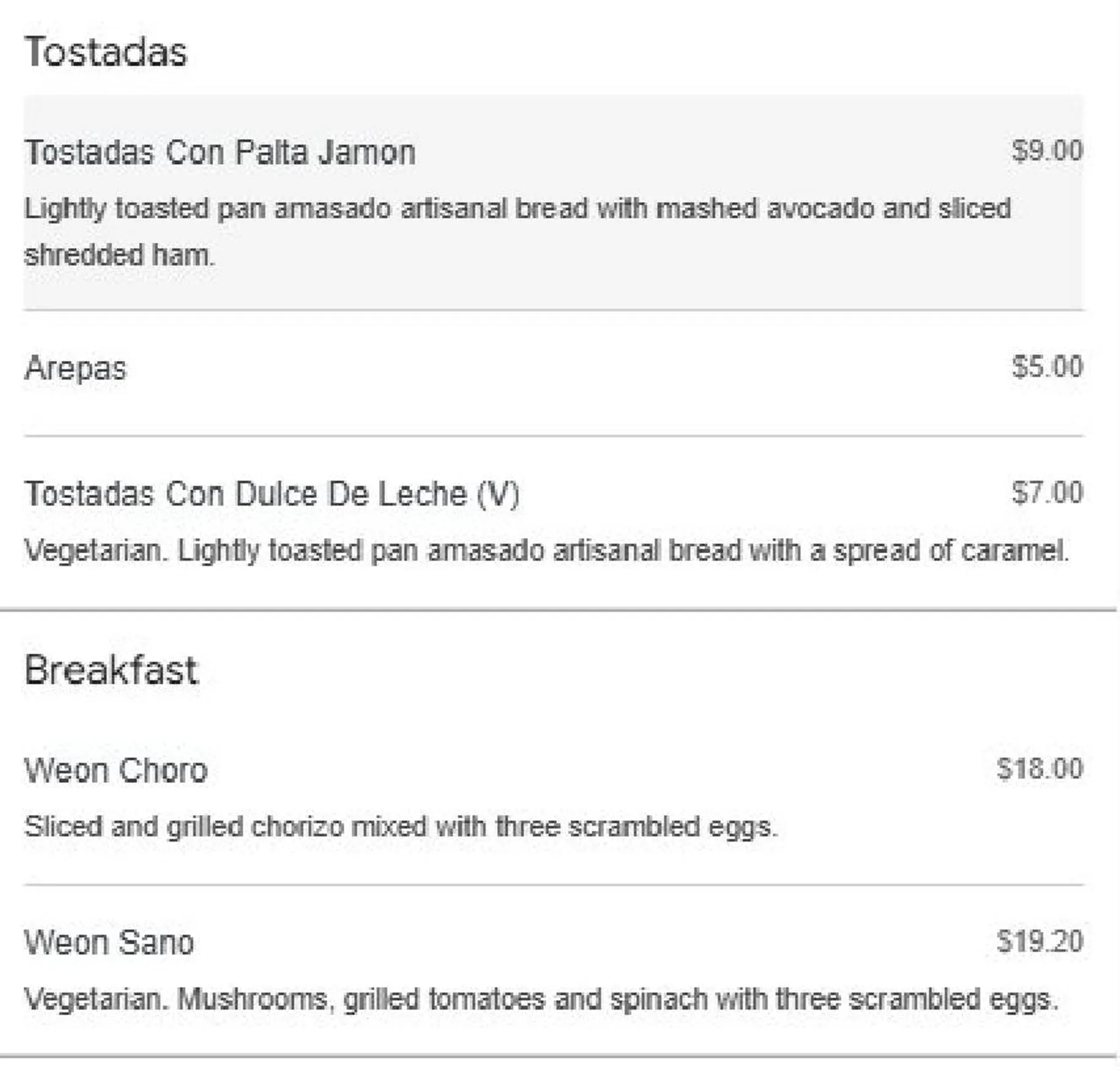 Neruda's Brunswick menu, page 1