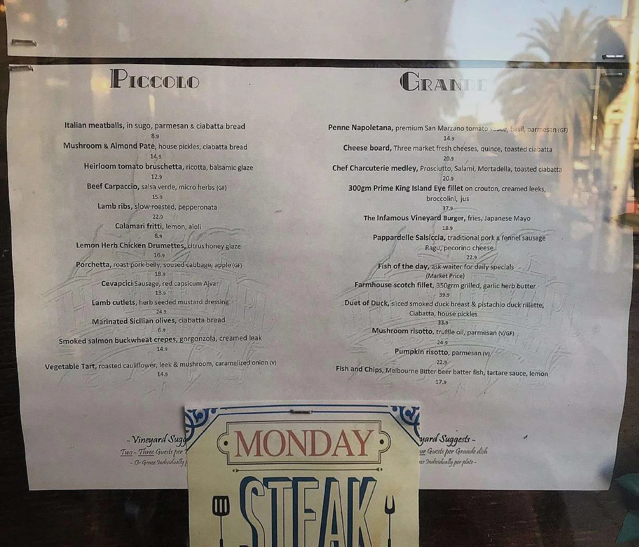 The Vineyard @ St Kilda menu, page 1