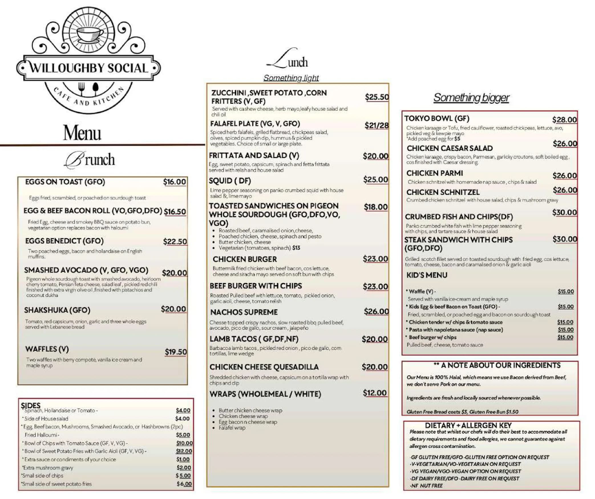 Willoughby Social Cafe and Kitchen menu, page 1