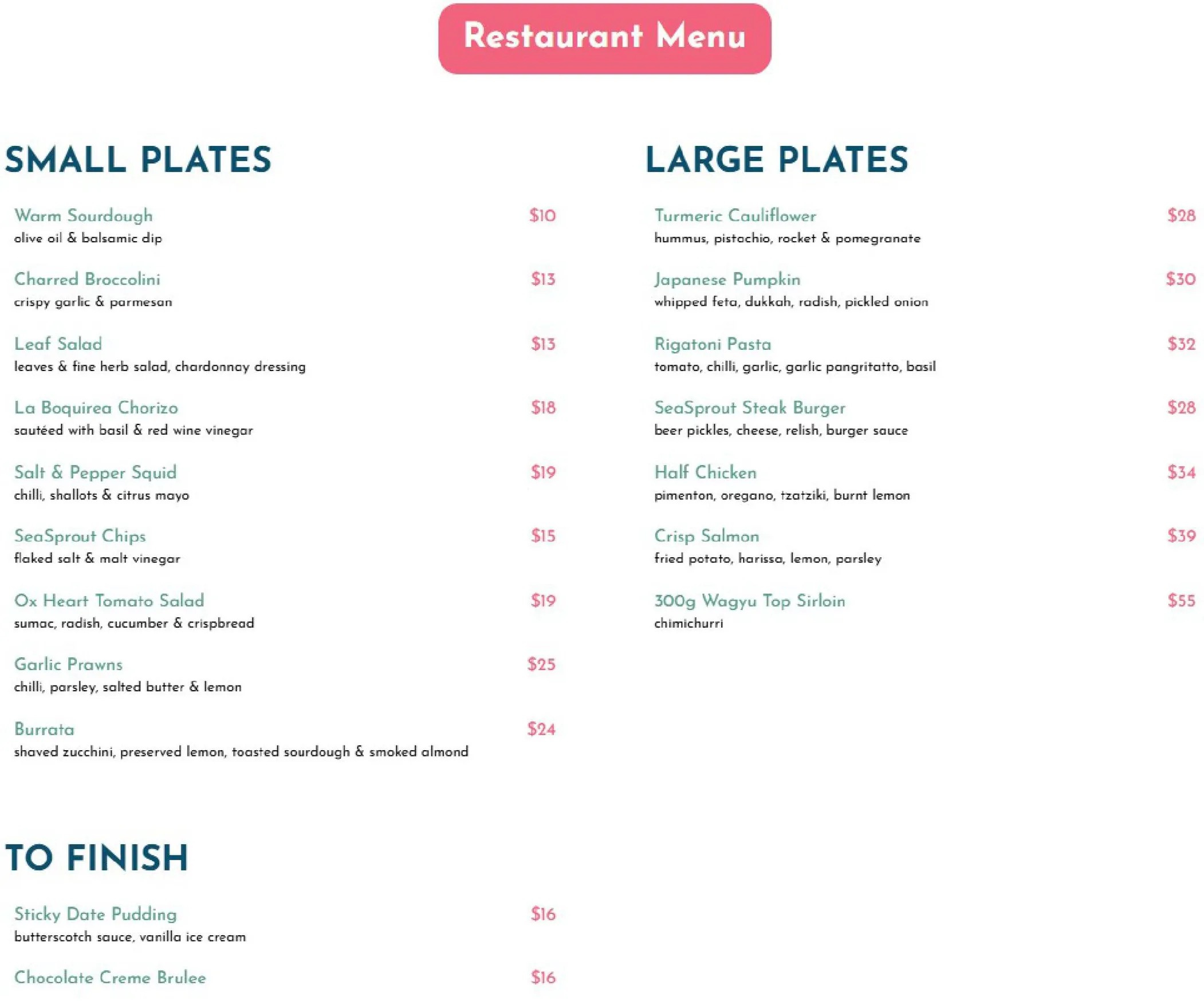 SeaSprout Restaurant menu, page 1