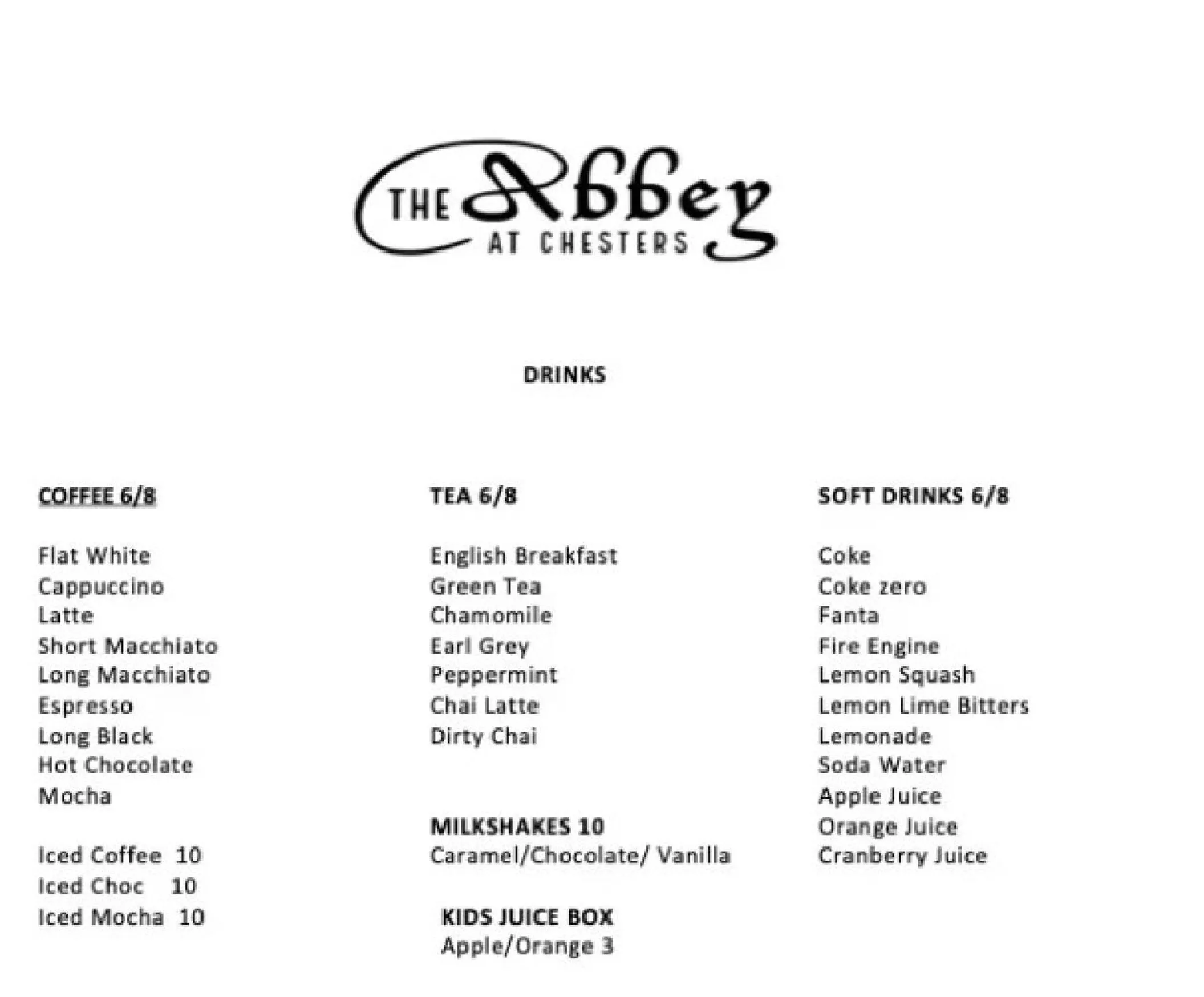 The Abbey at Chesters menu, page 2
